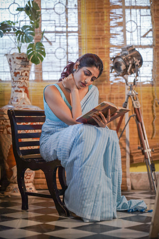 Sky blue Khadi Cotton Striped Saree with blouse piece