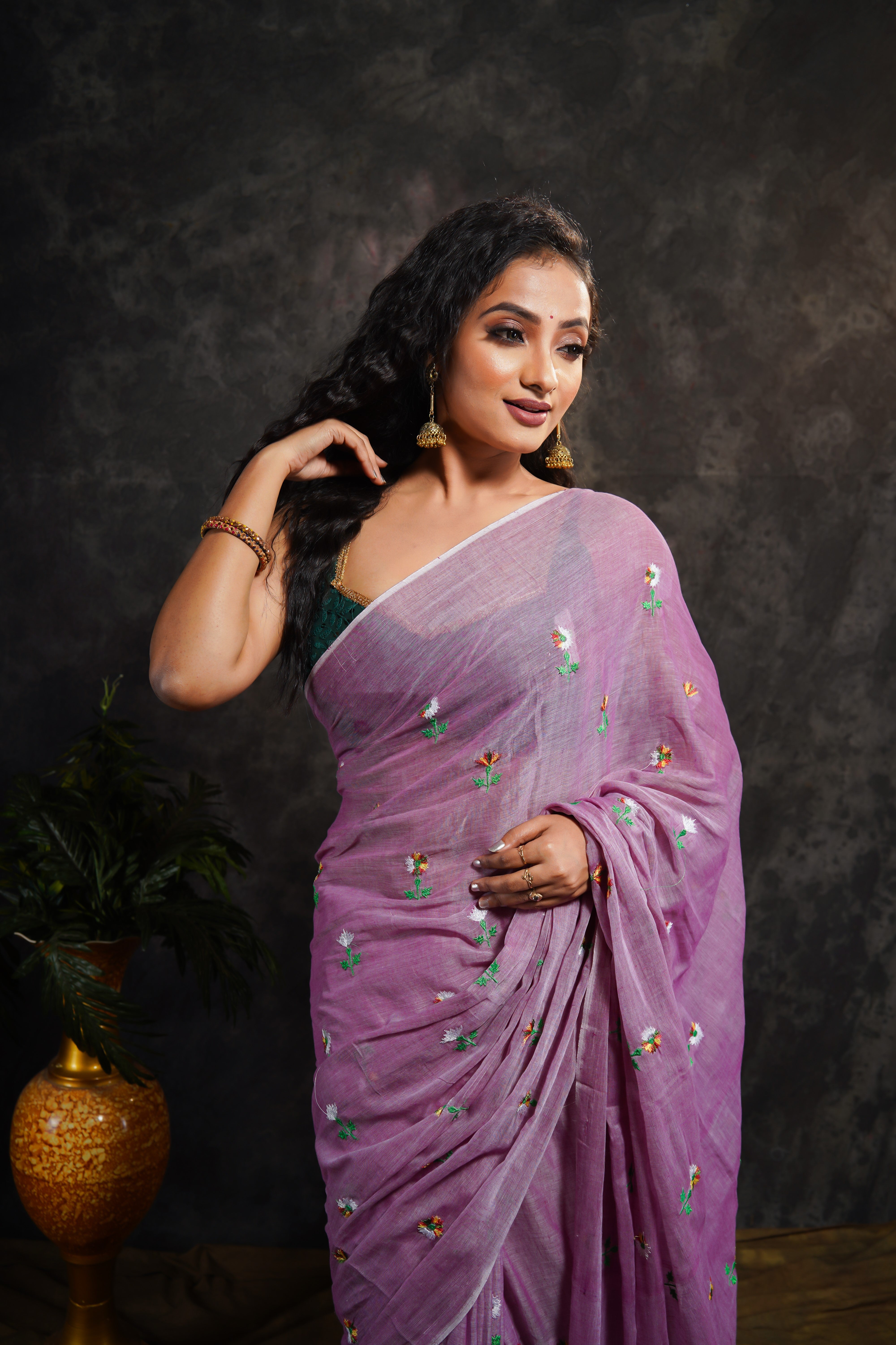 Lavender Embroidered Mul Mul Cotton Saree
