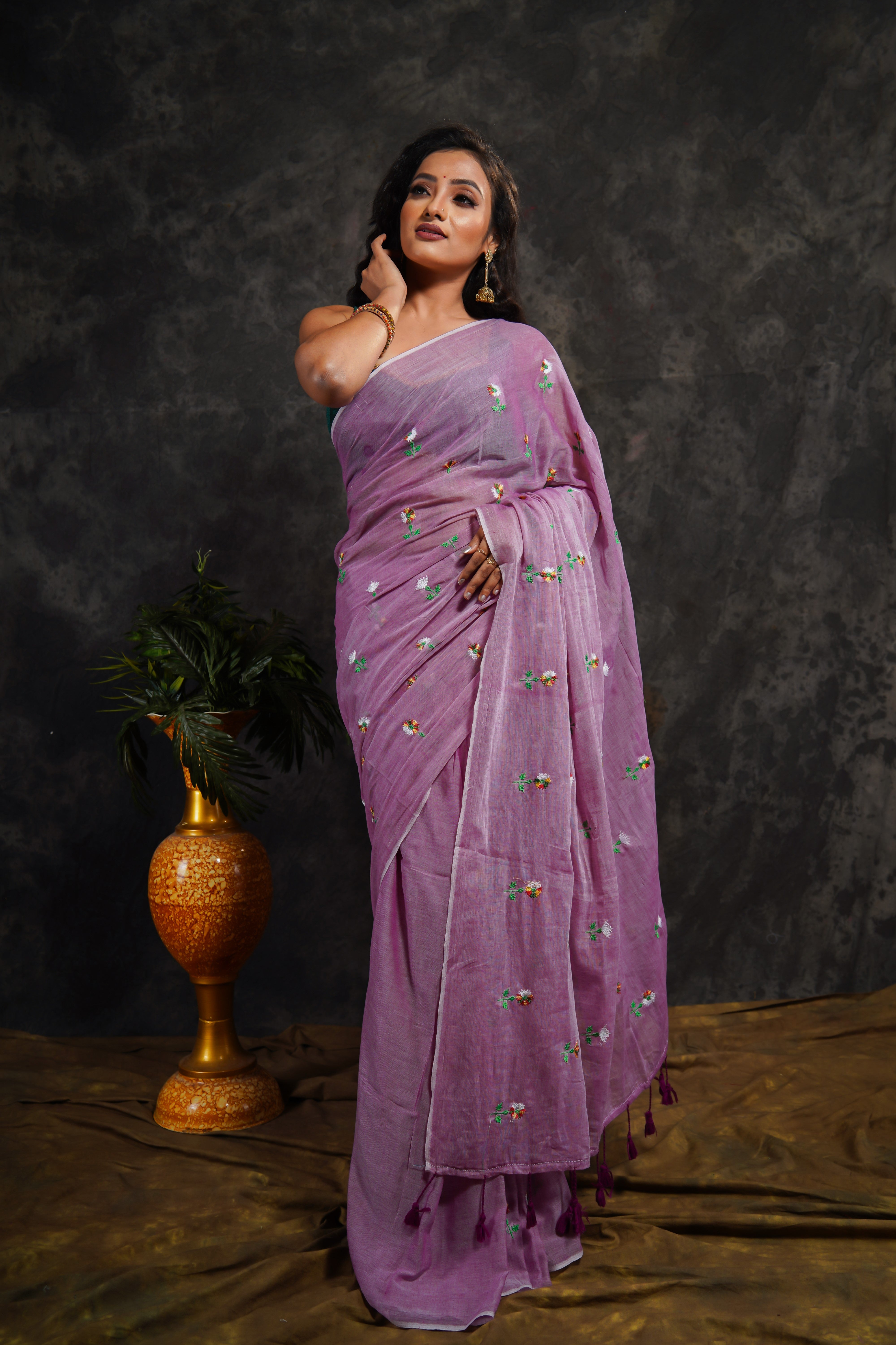 Lavender Embroidered Mul Mul Cotton Saree