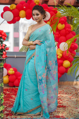 Light blue Pure Linen Handwoven Jamdani Saree with blouse piece