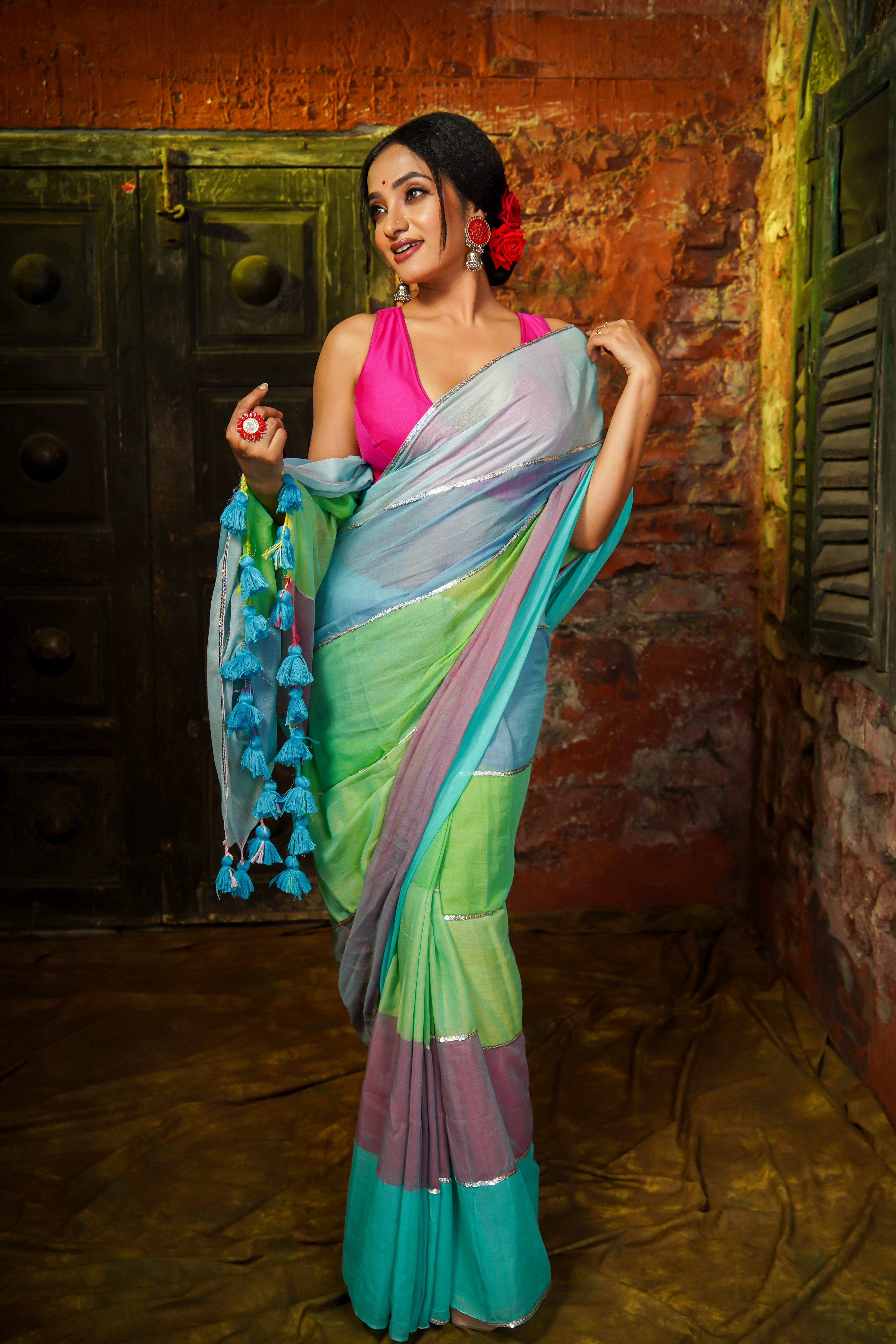 Light Blue Mul Mul Cotton Saree with Multi Rainbow Sequence Work