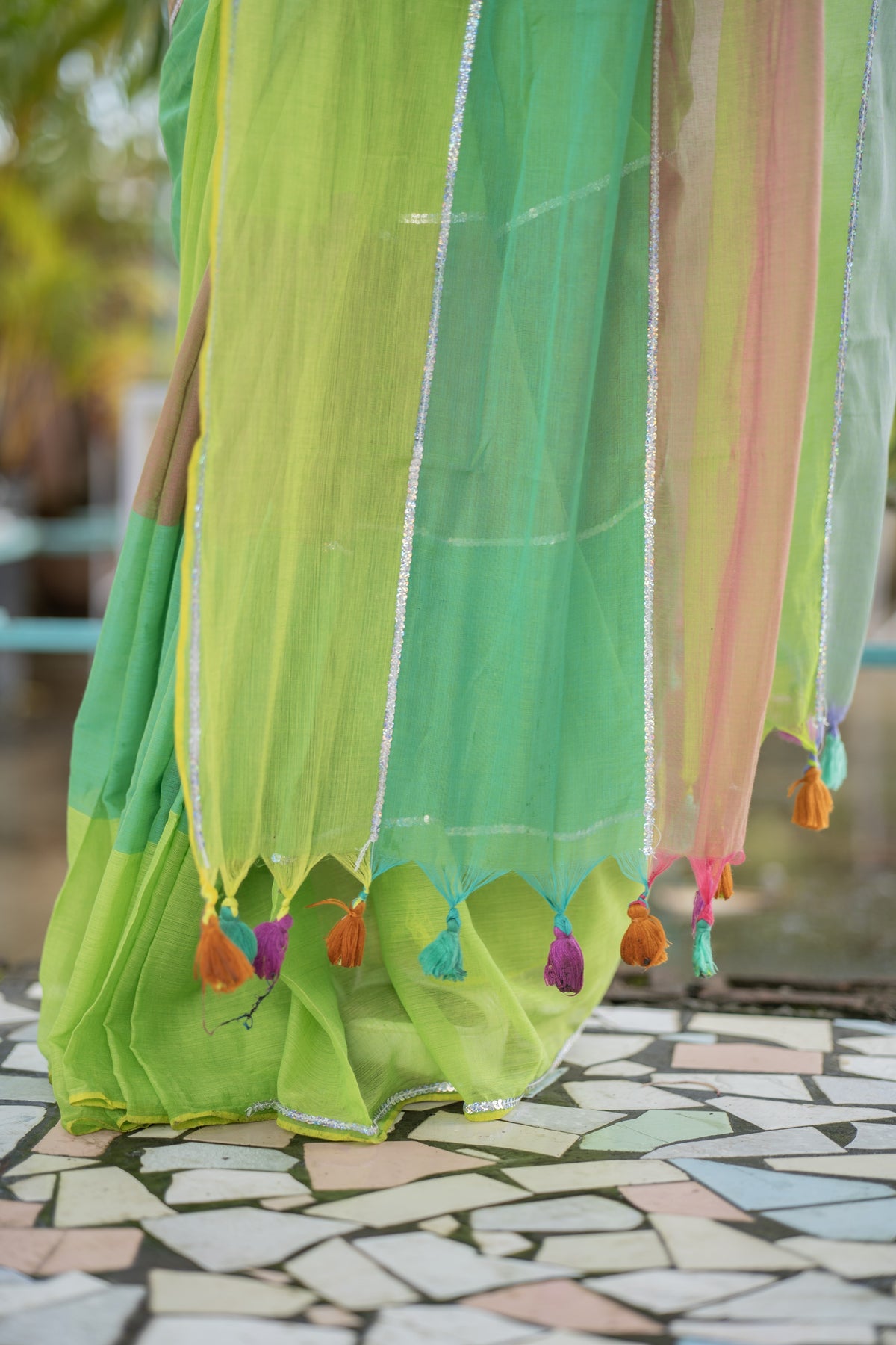 Light green Mul Mul Cotton Saree with Multi Rainbow Sequence Work
