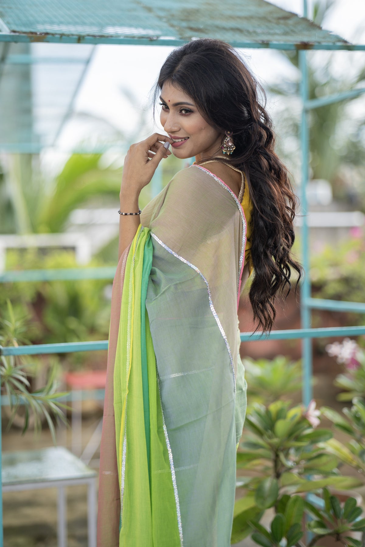 Light green Mul Mul Cotton Saree with Multi Rainbow Sequence Work