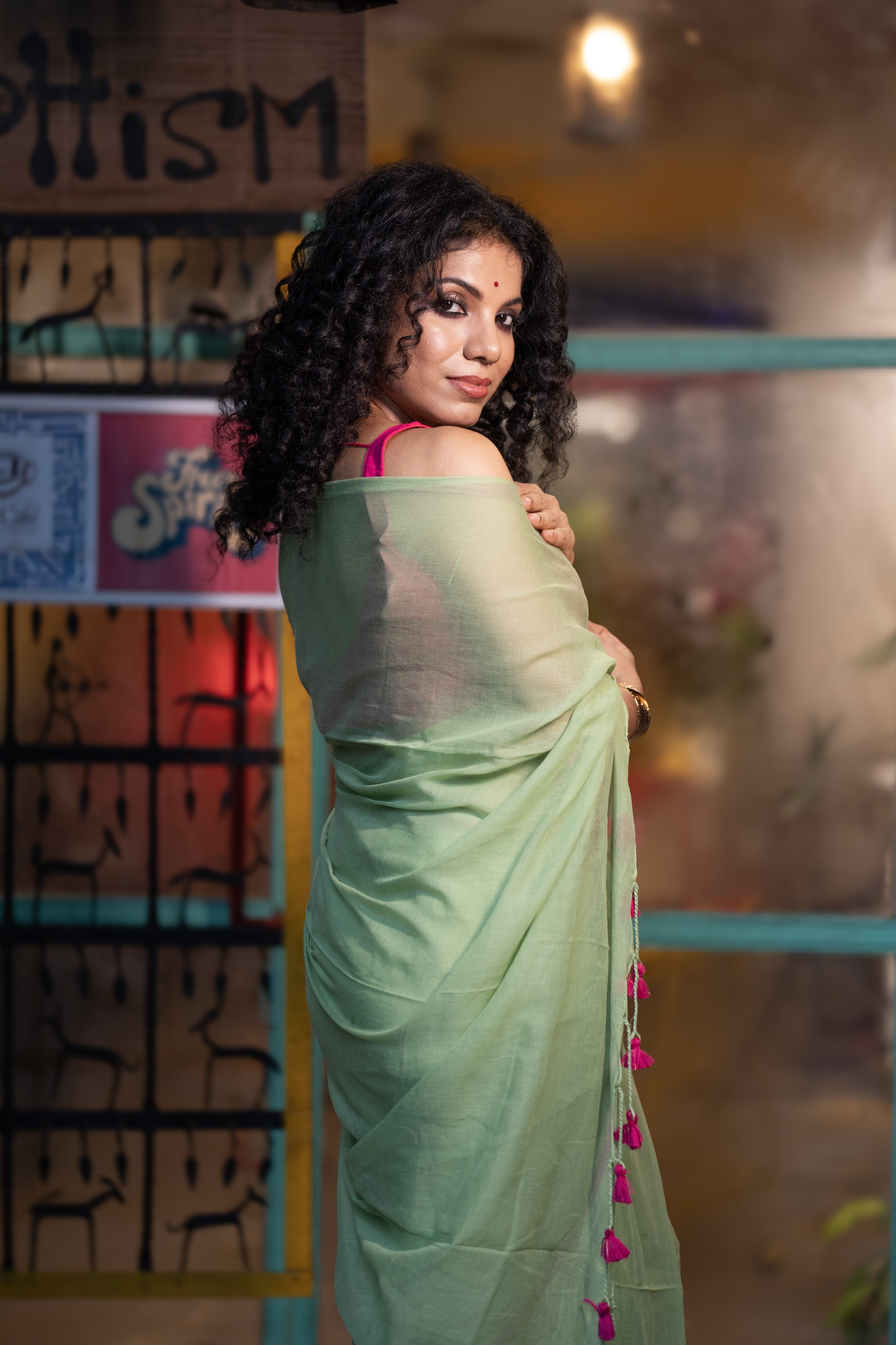 Light green Pure Mulmul Cotton Saree with blouse piece