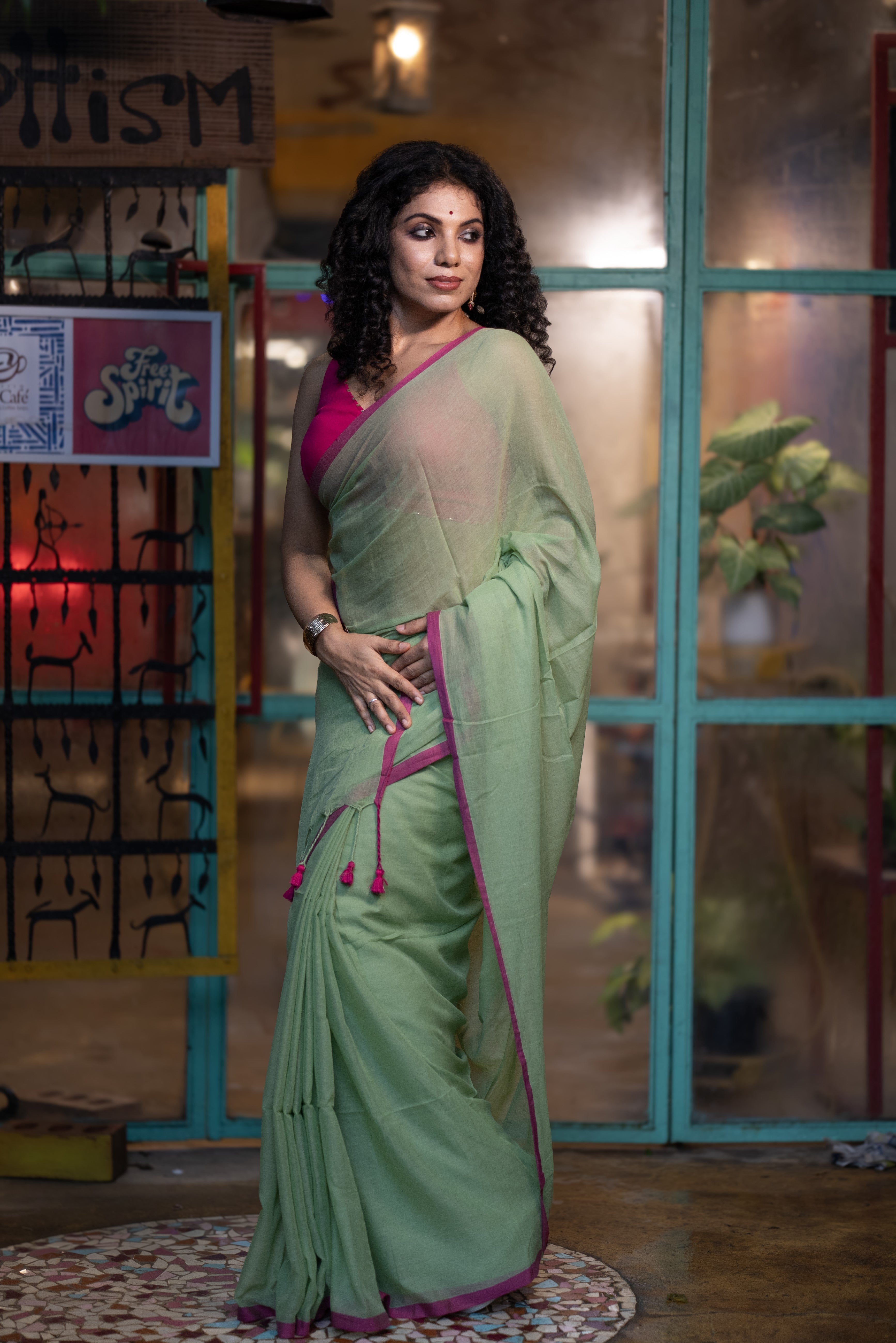 Light green Pure Mulmul Cotton Saree with blouse piece