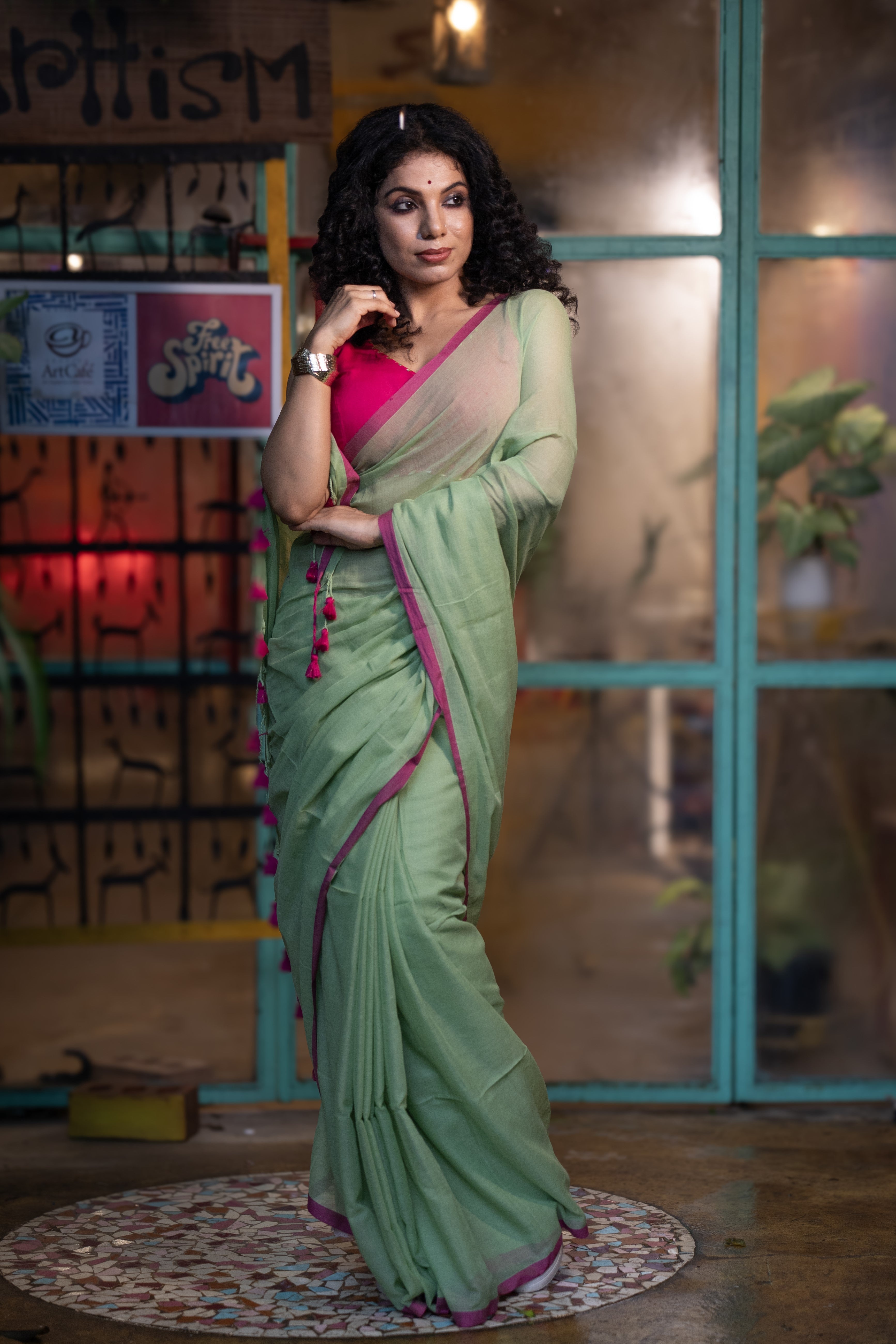 Light green Pure Mulmul Cotton Saree with blouse piece