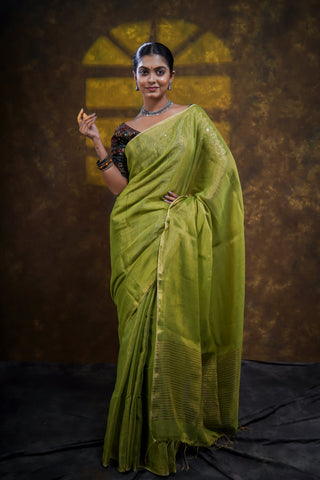 Lime Green Dual Tone Pure Tissue Linen Saree with blouse piece