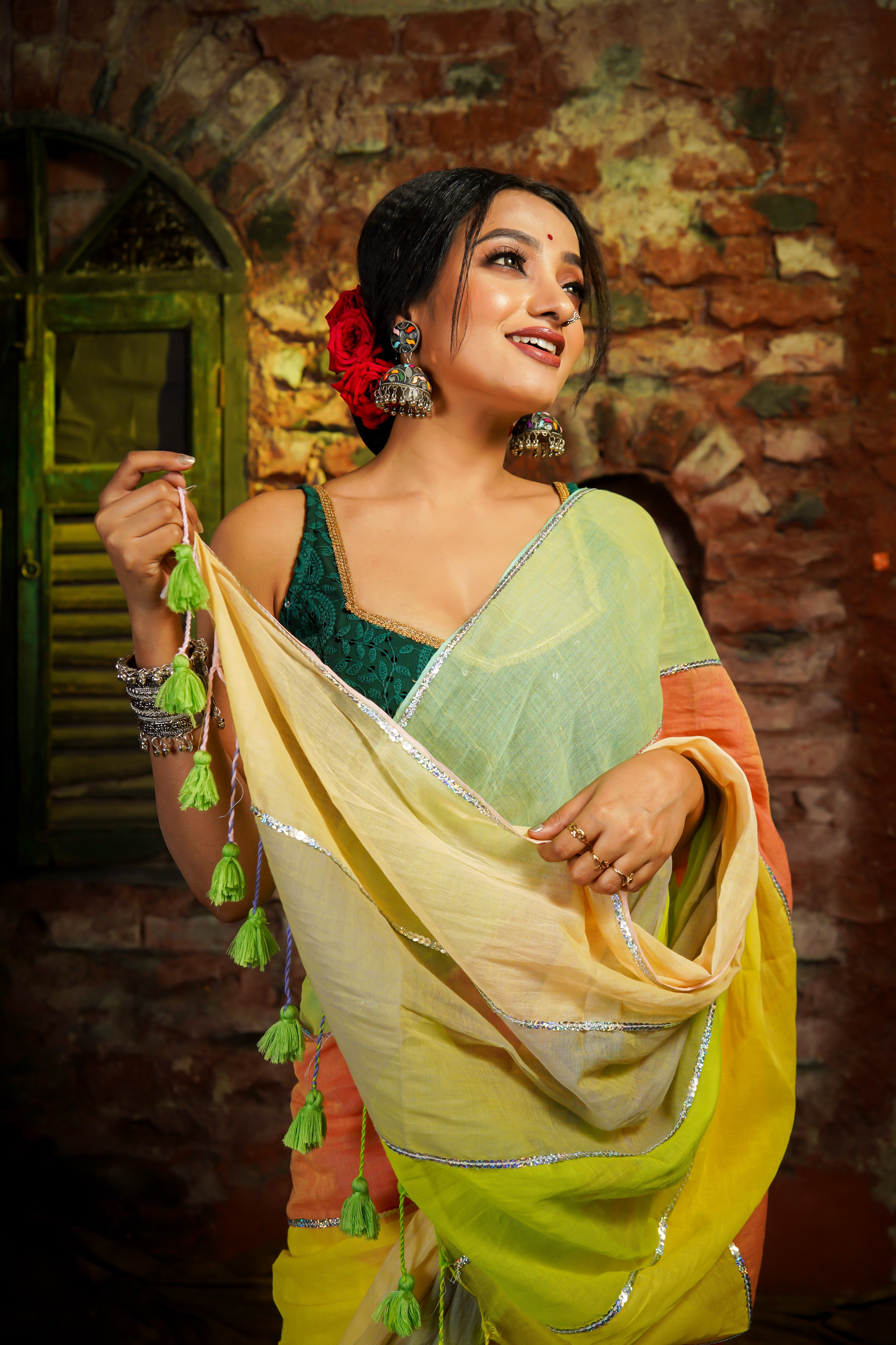Lime Green Mul Mul Cotton Saree with Multi Rainbow Sequence Work