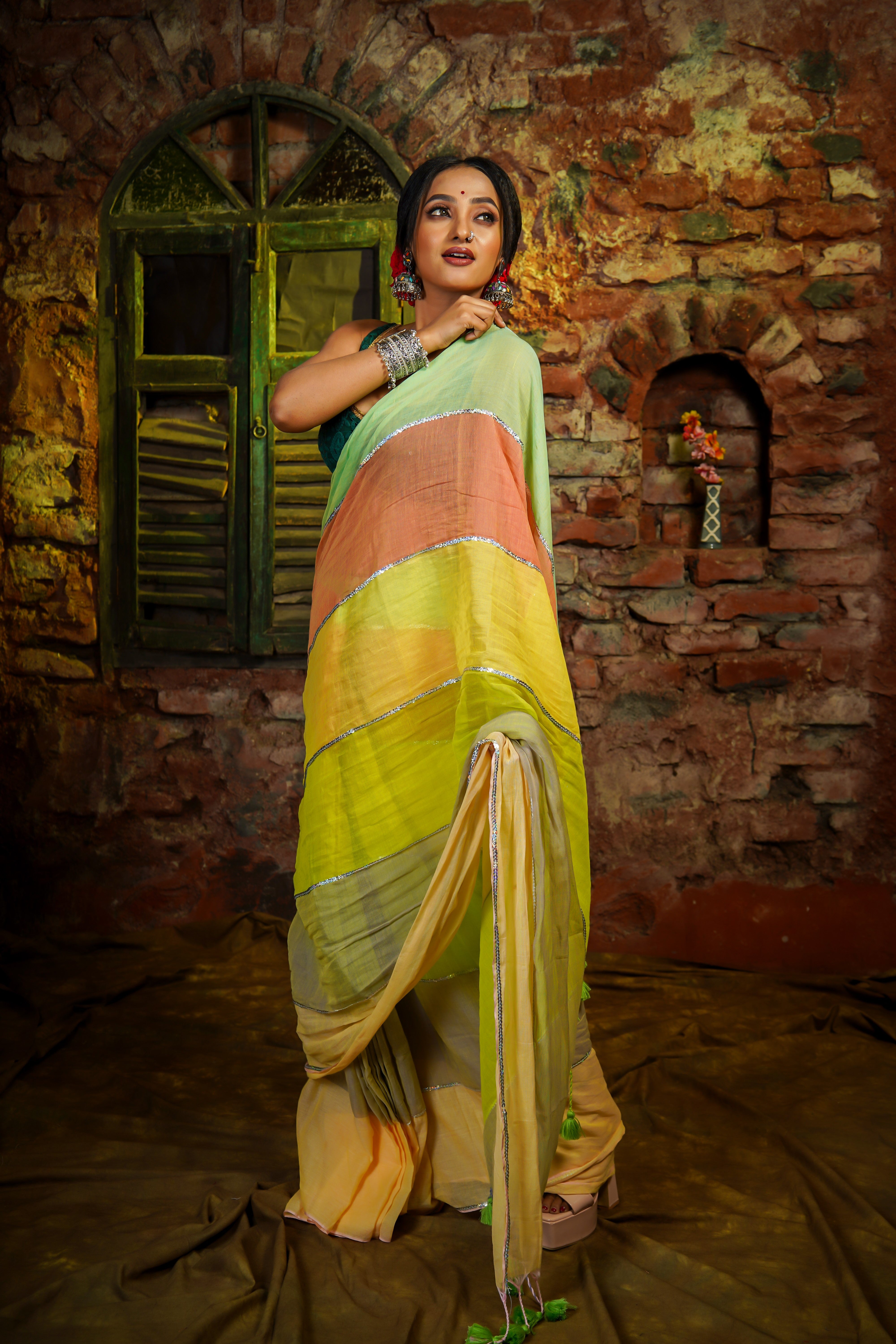 Lime Green Mul Mul Cotton Saree with Multi Rainbow Sequence Work