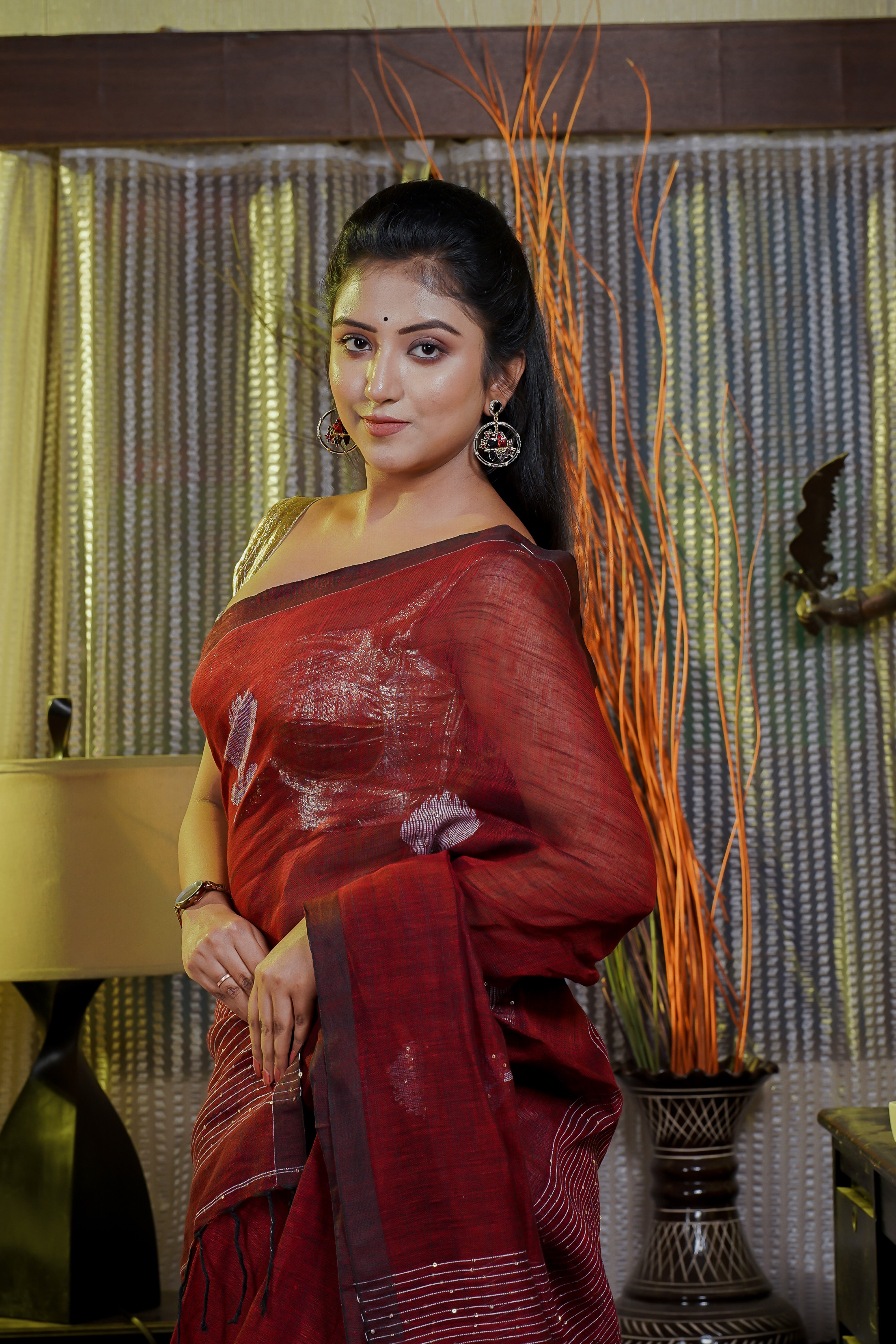Maroon sequence work rose motif Handwoven Linen Saree with blouse piece