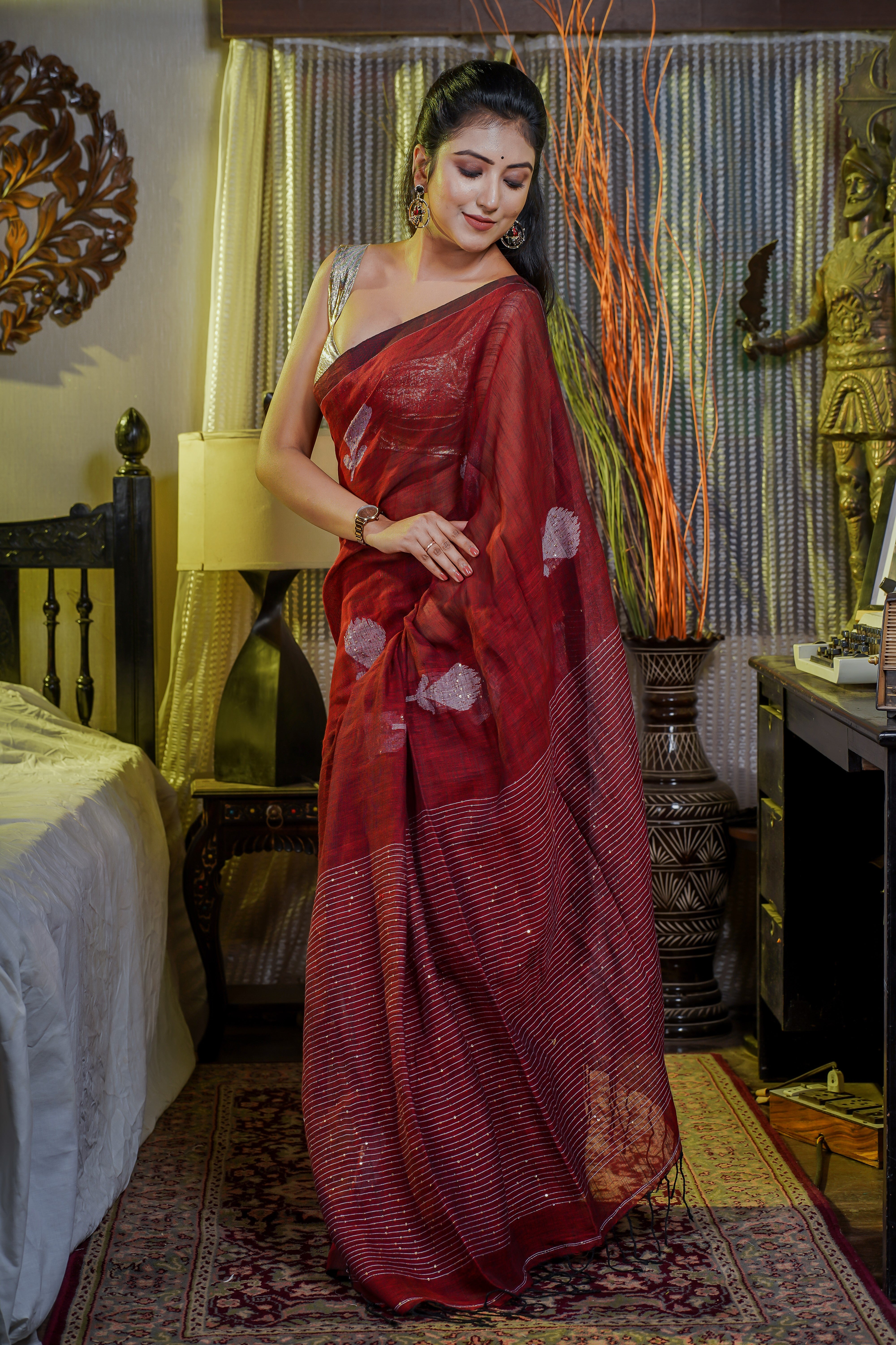 Maroon sequence work rose motif Handwoven Linen Saree with blouse piece