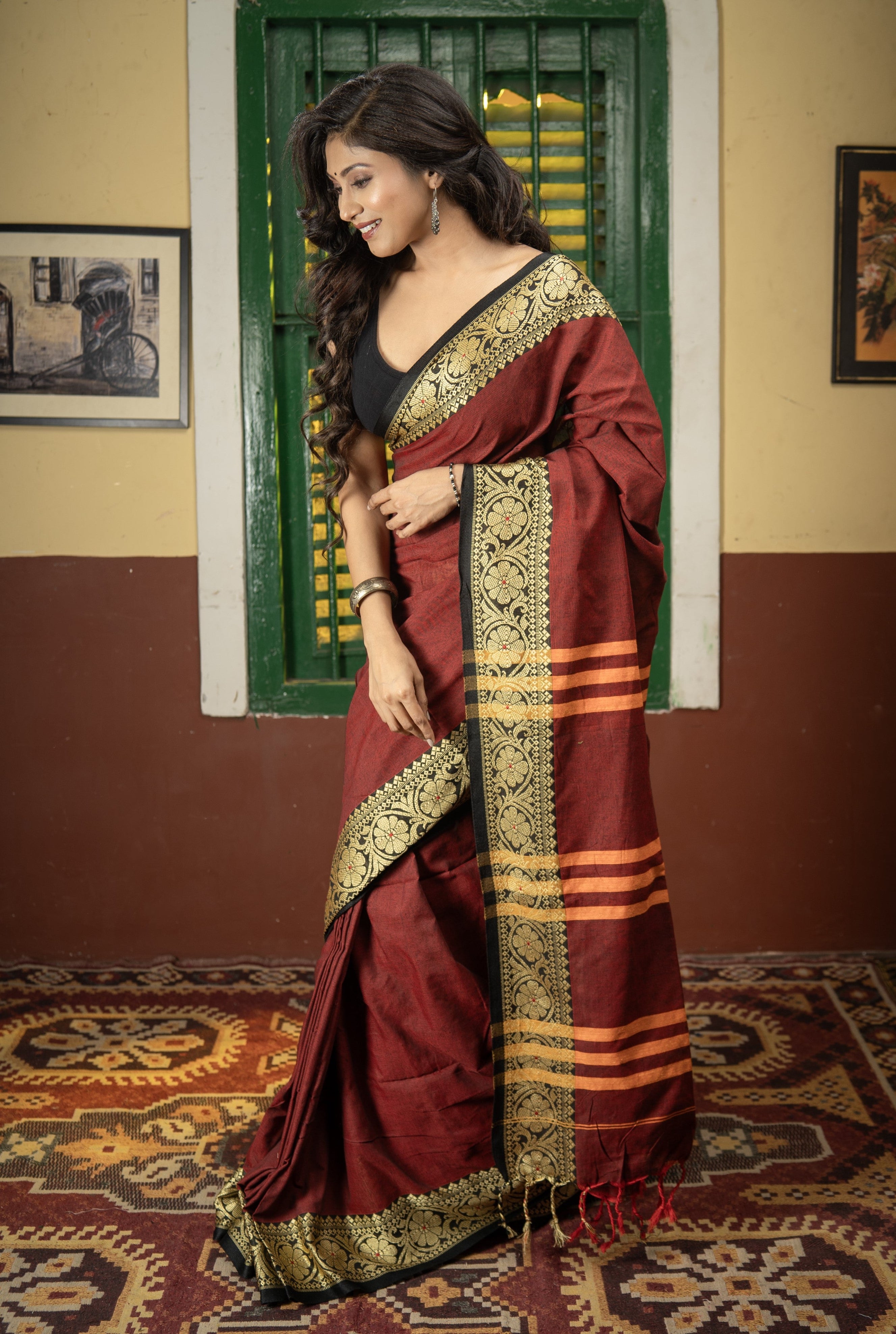 Maroon Handweaving Pure Cotton Saree with blouse piece