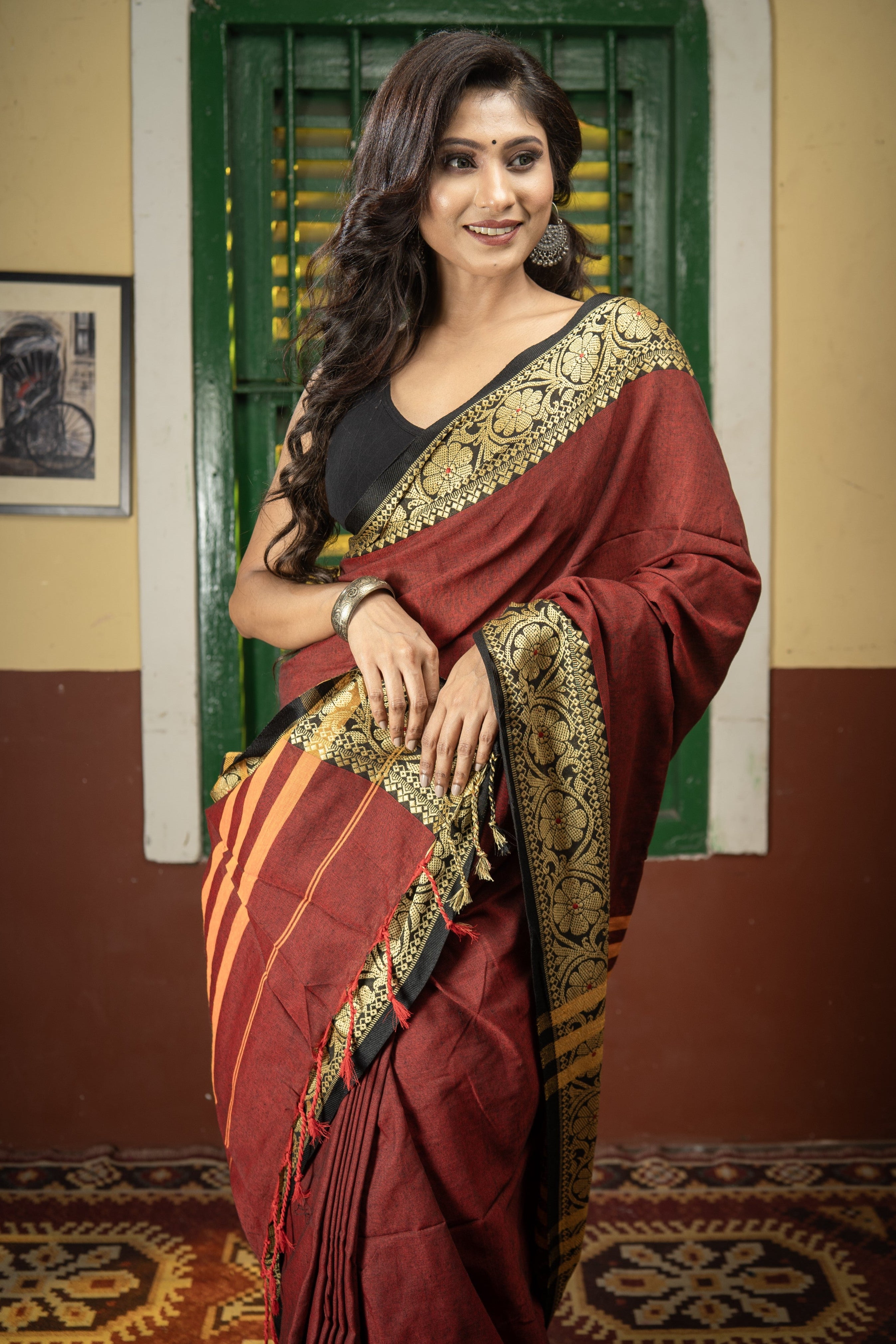 Maroon Handweaving Pure Cotton Saree with blouse piece