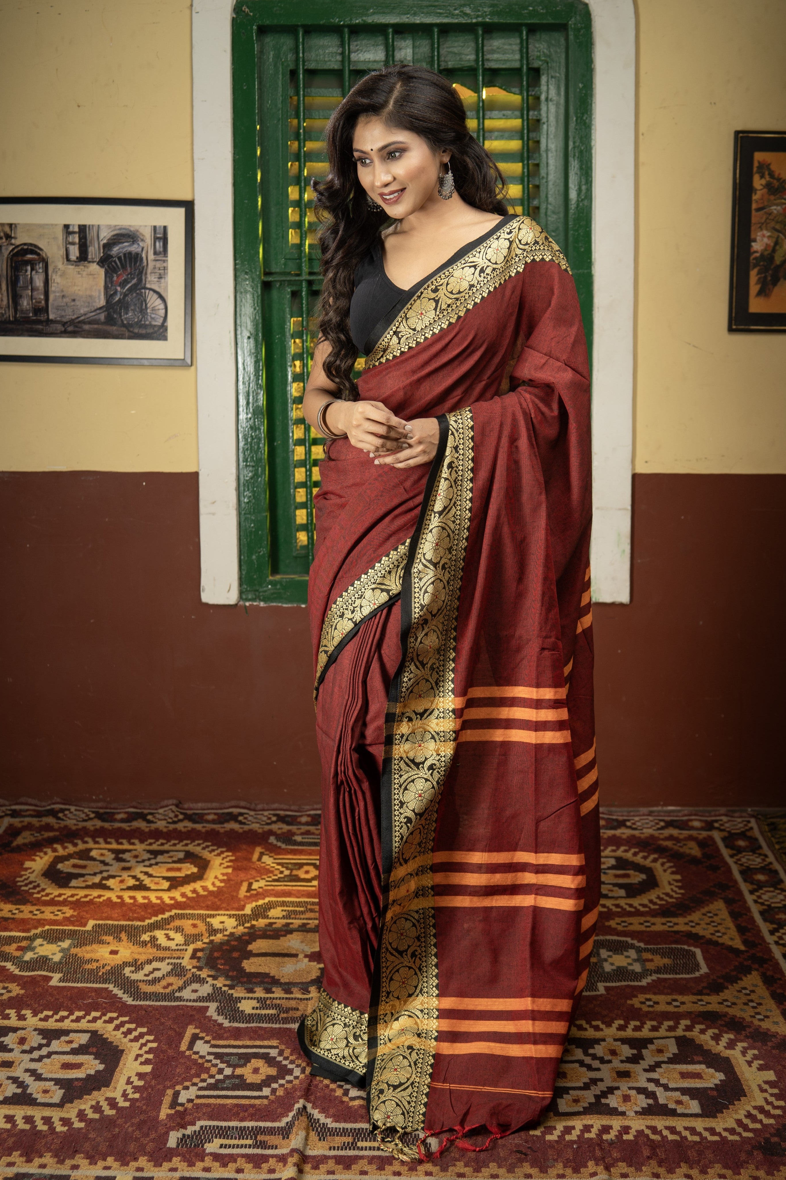 Maroon Handweaving Pure Cotton Saree with blouse piece