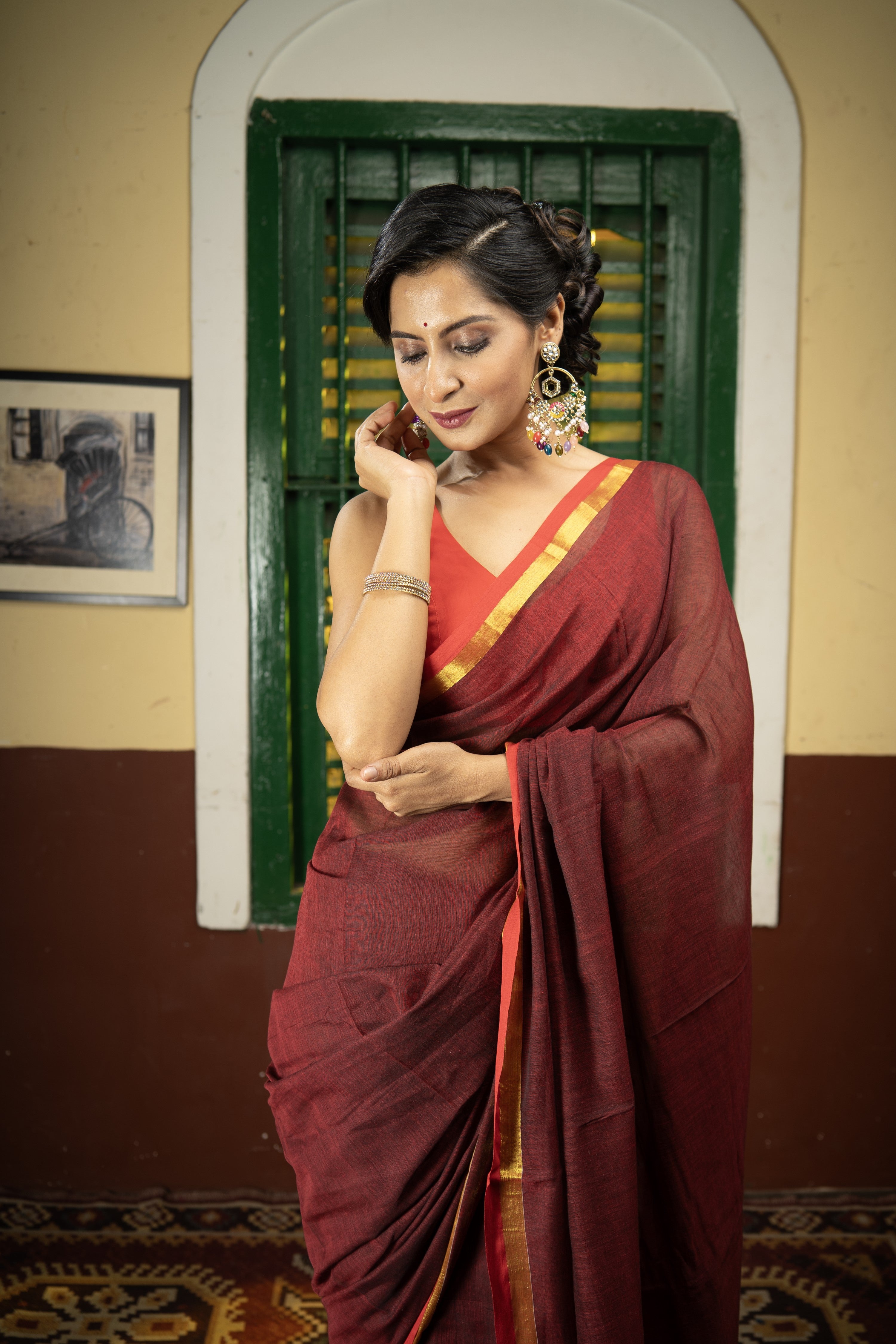 Maroon Mul Mul Cotton Saree With Red Golden Border