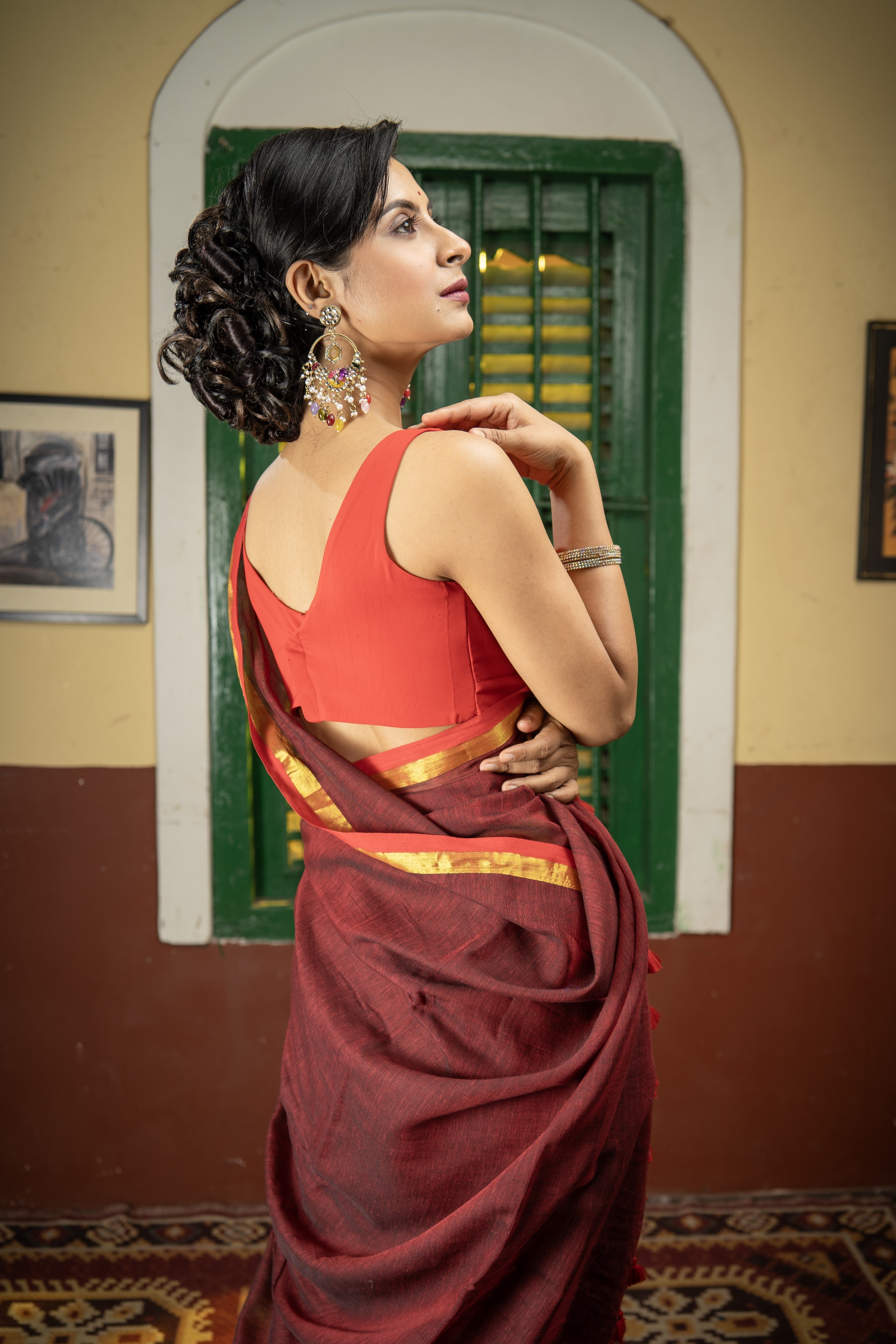 Maroon Mul Mul Cotton Saree With Red Golden Border