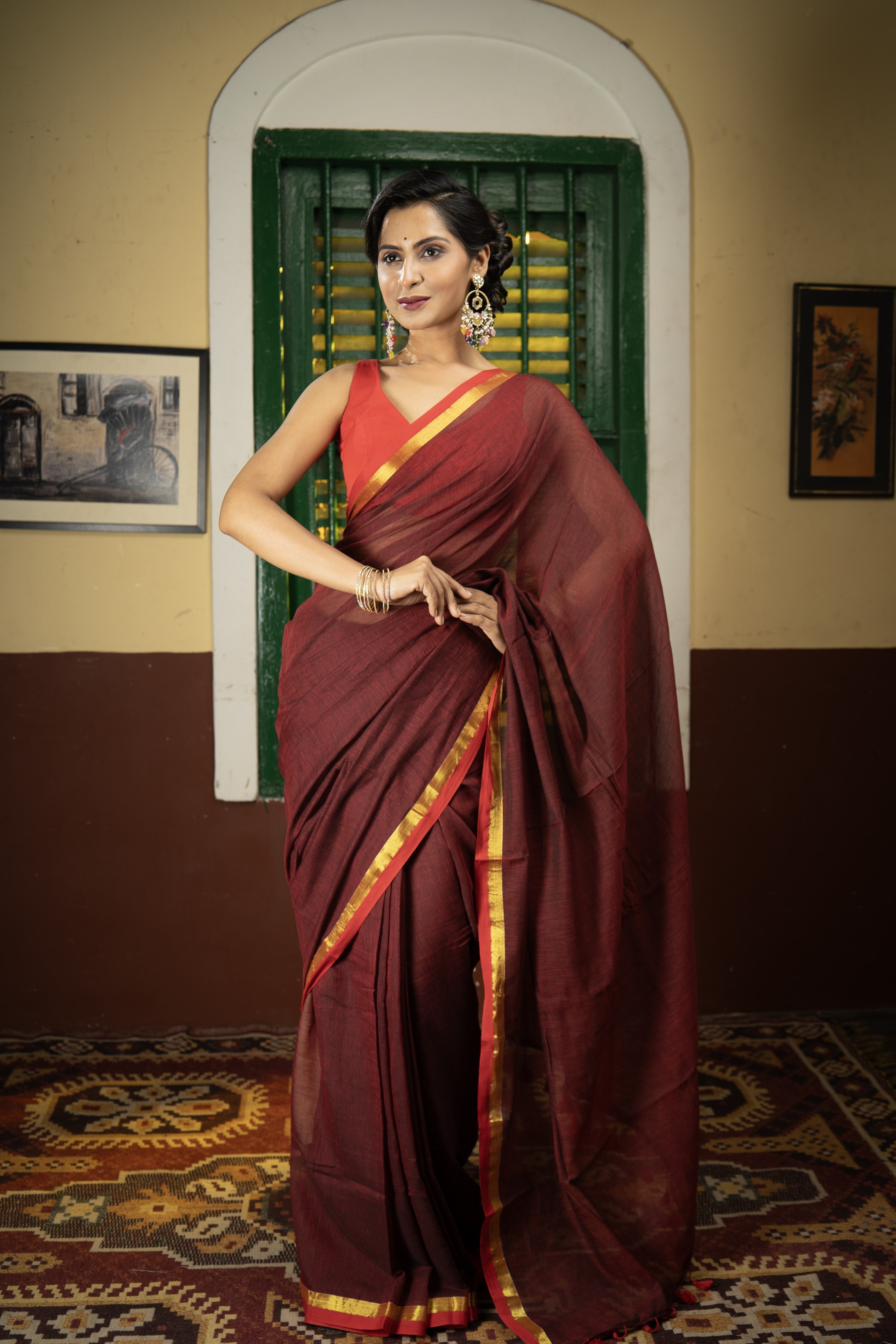 Maroon Mul Mul Cotton Saree With Red Golden Border