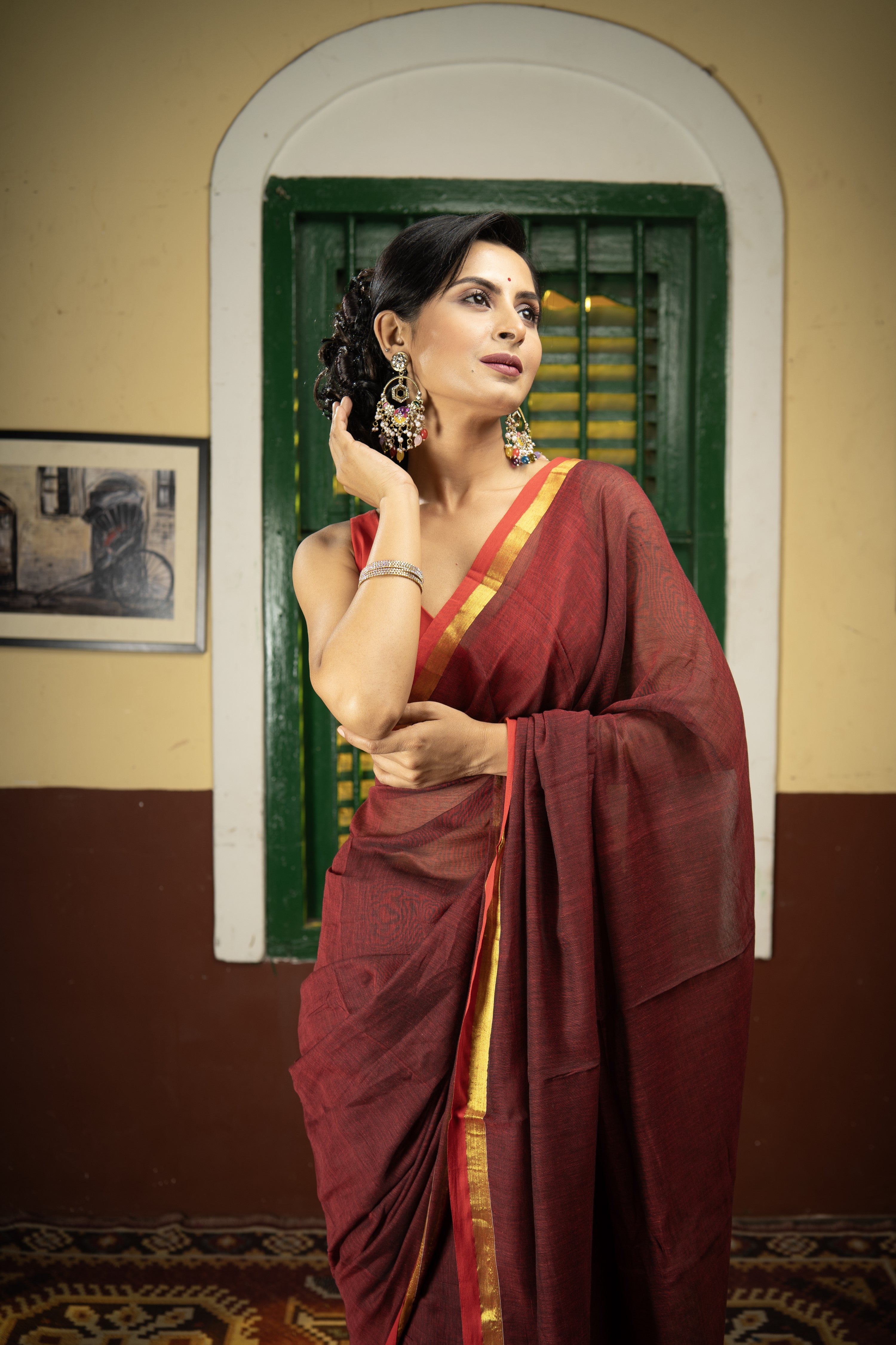 Maroon Mul Mul Cotton Saree With Red Golden Border