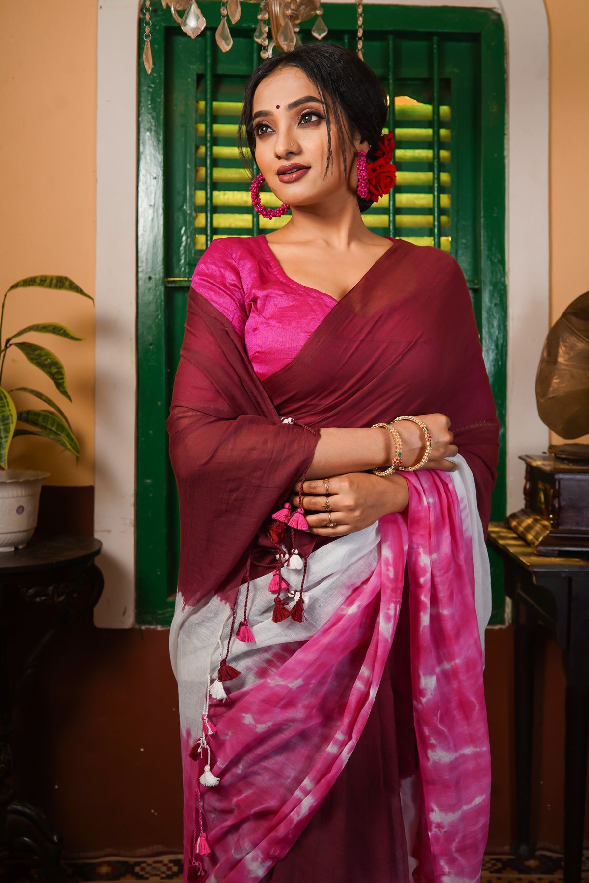 RangAmbar Maroon Multi Shibori Mul Mul Cotton Saree