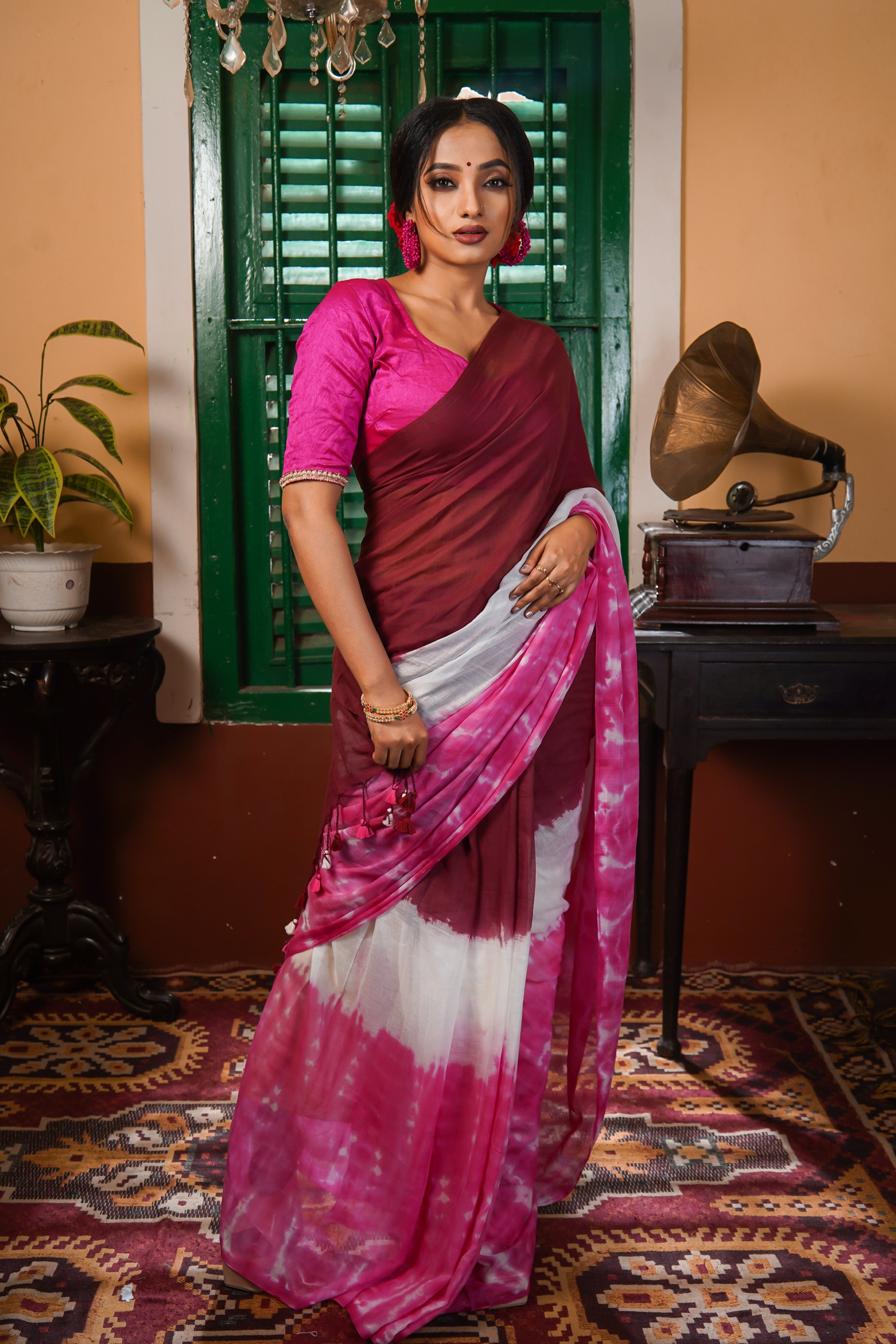 RangAmbar Maroon Multi Shibori Mul Mul Cotton Saree