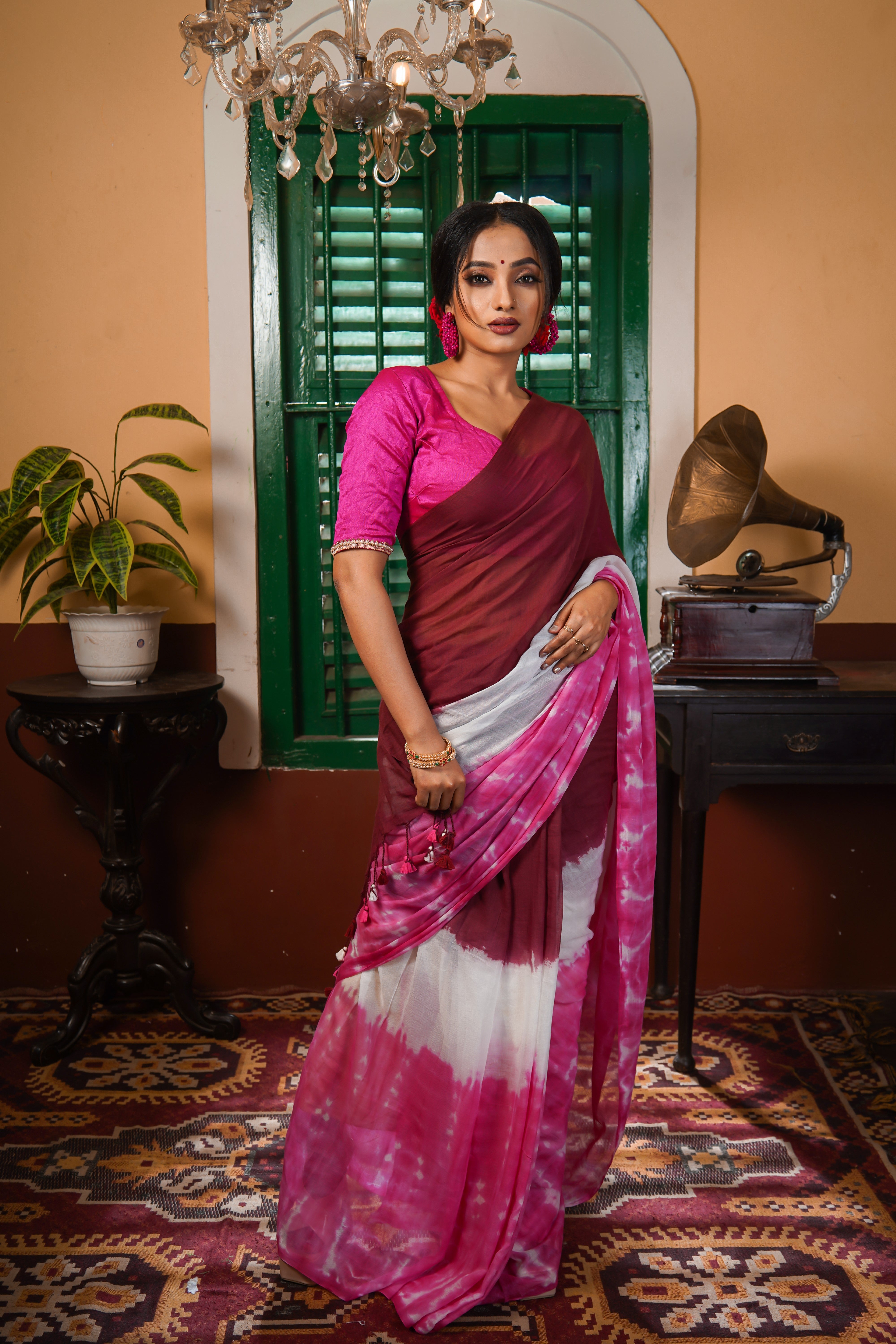 RangAmbar Maroon Multi Shibori Mul Mul Cotton Saree
