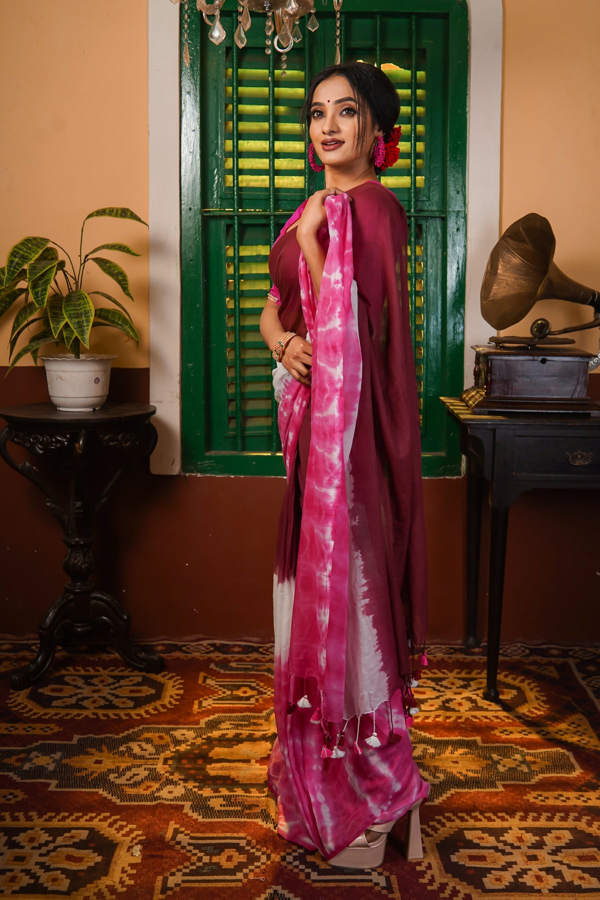 RangAmbar Maroon Multi Shibori Mul Mul Cotton Saree