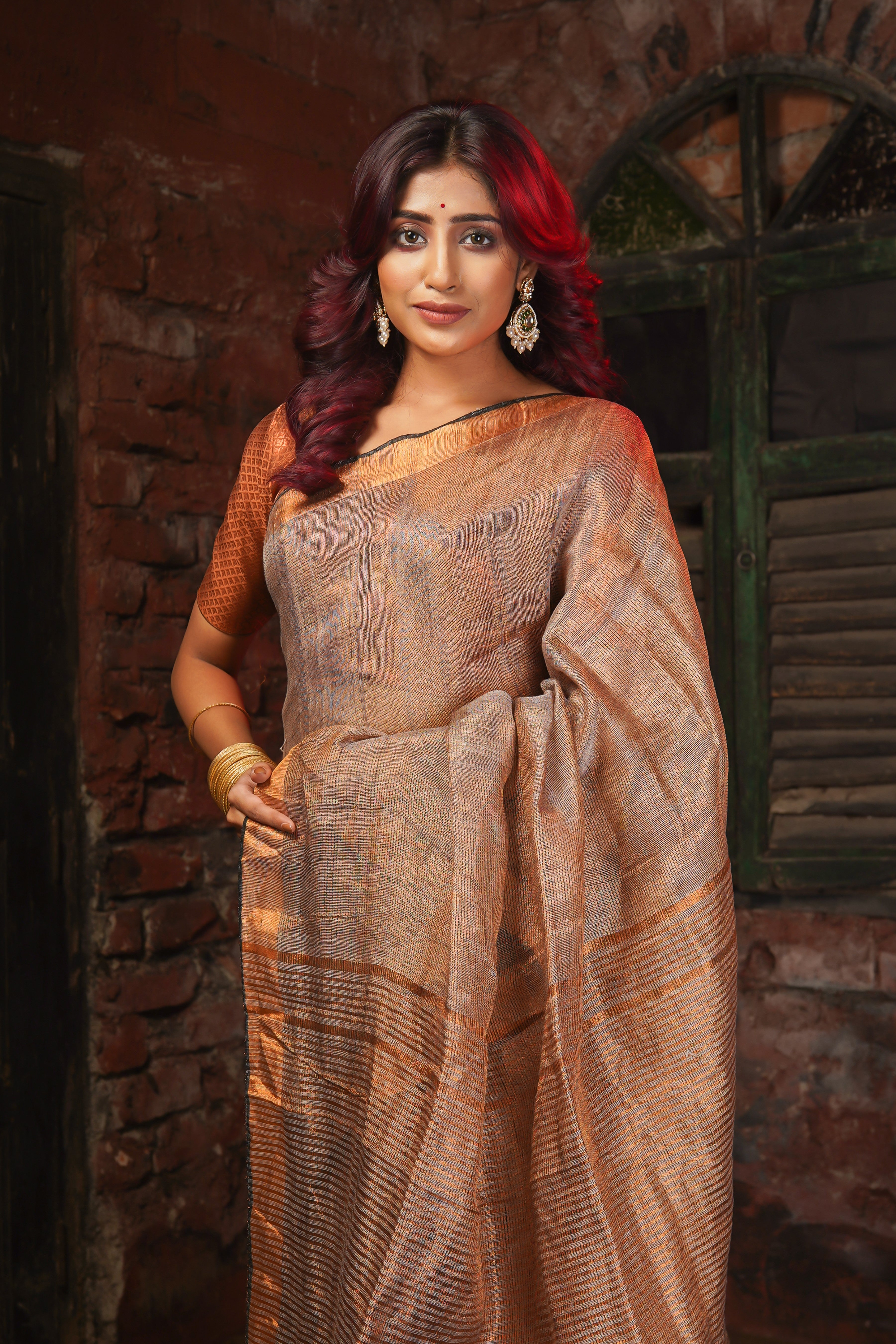 Mocha Dual Tone Tissue Linen Saree with blouse piece