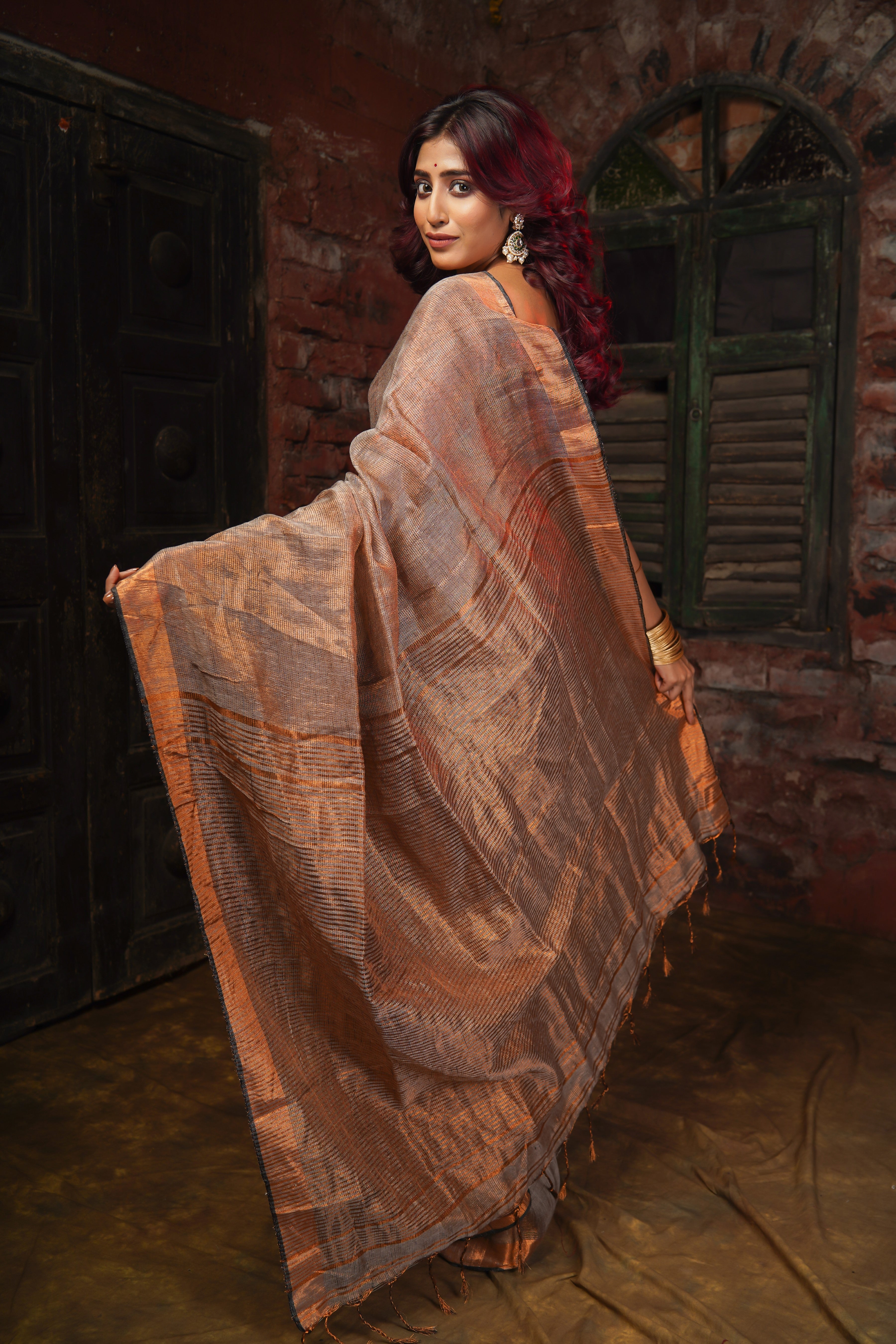 Mocha Dual Tone Tissue Linen Saree with blouse piece