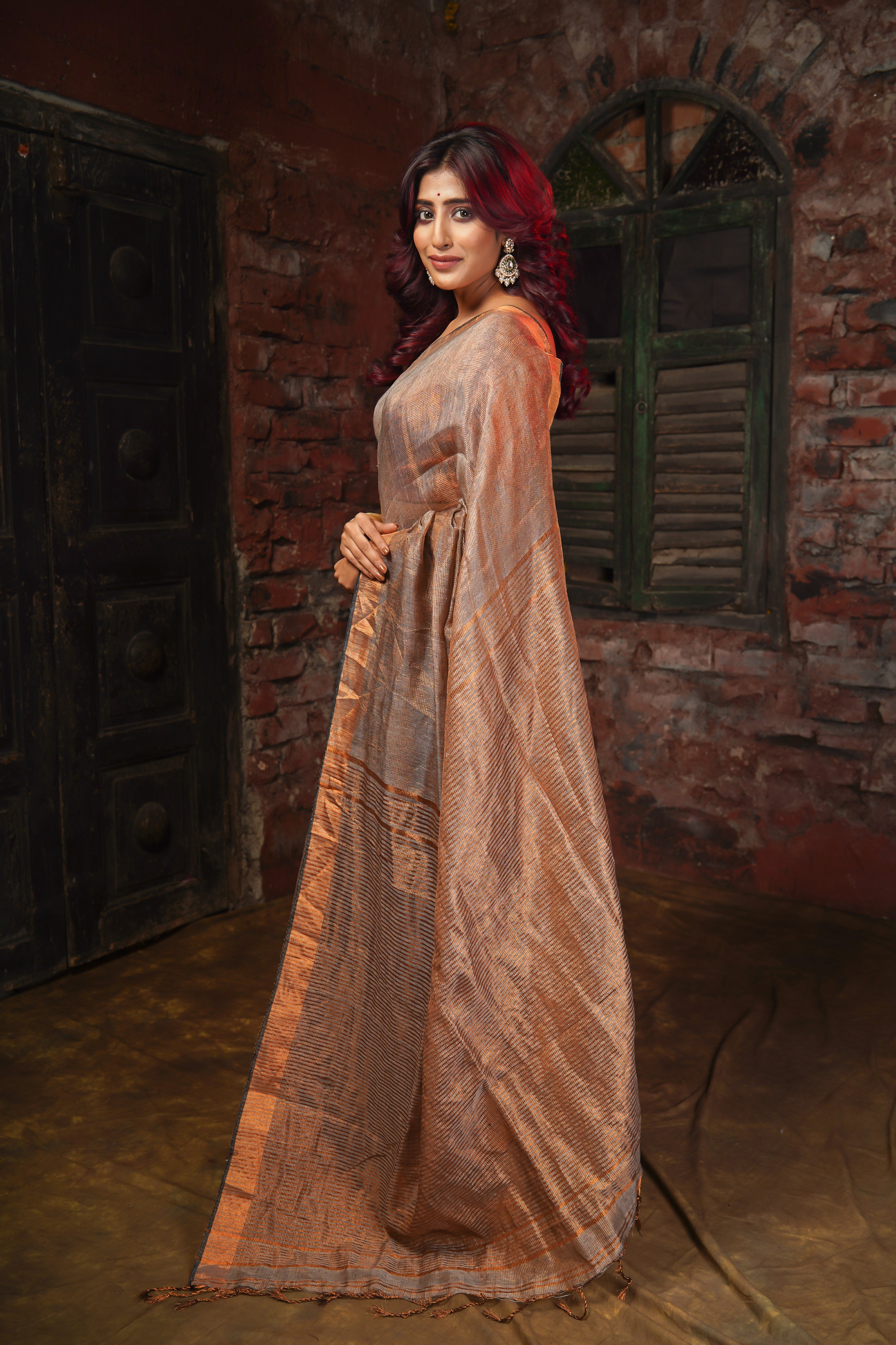 Mocha Dual Tone Tissue Linen Saree