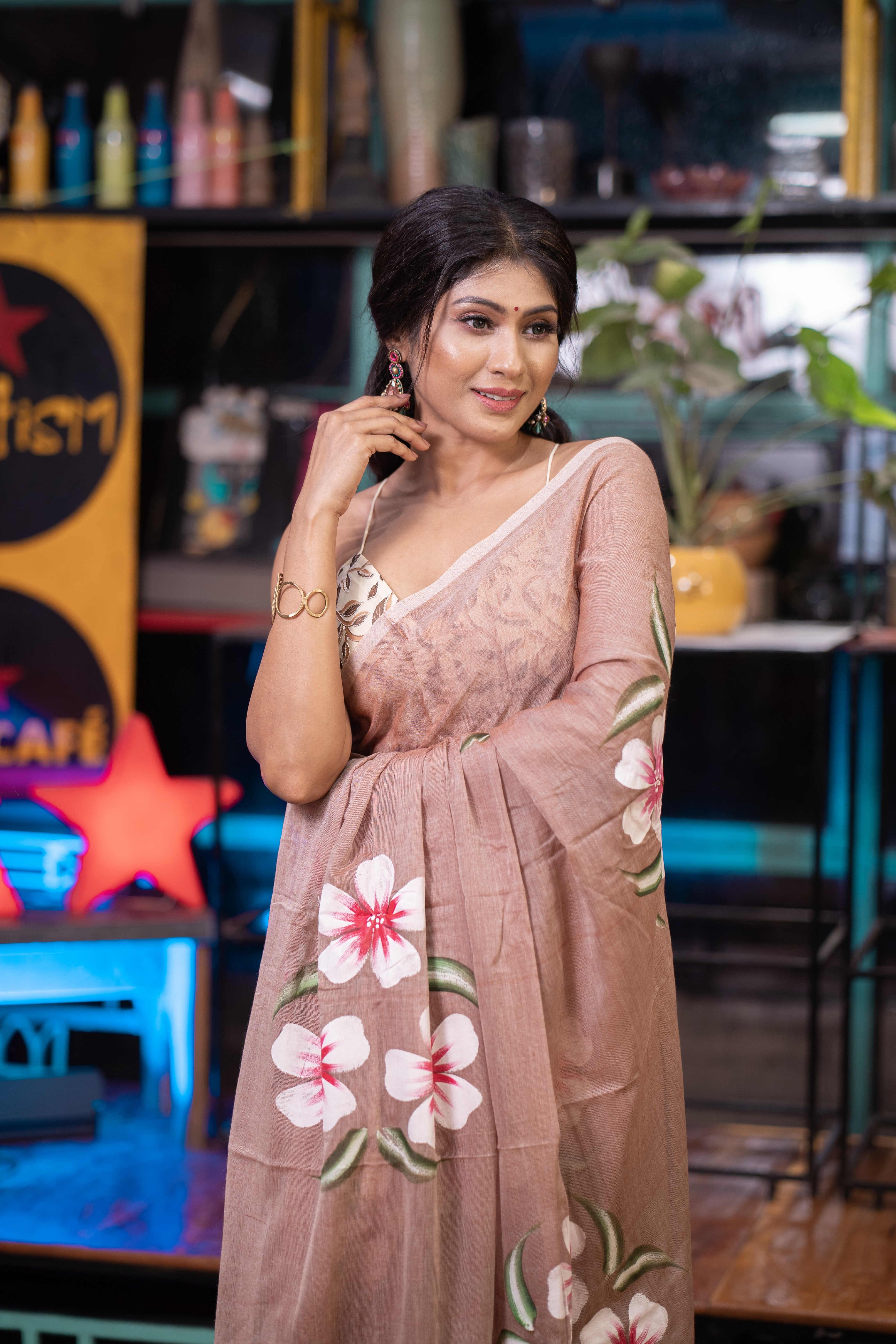 Mocha Flower Hand-Printed Mulmul Cotton Saree