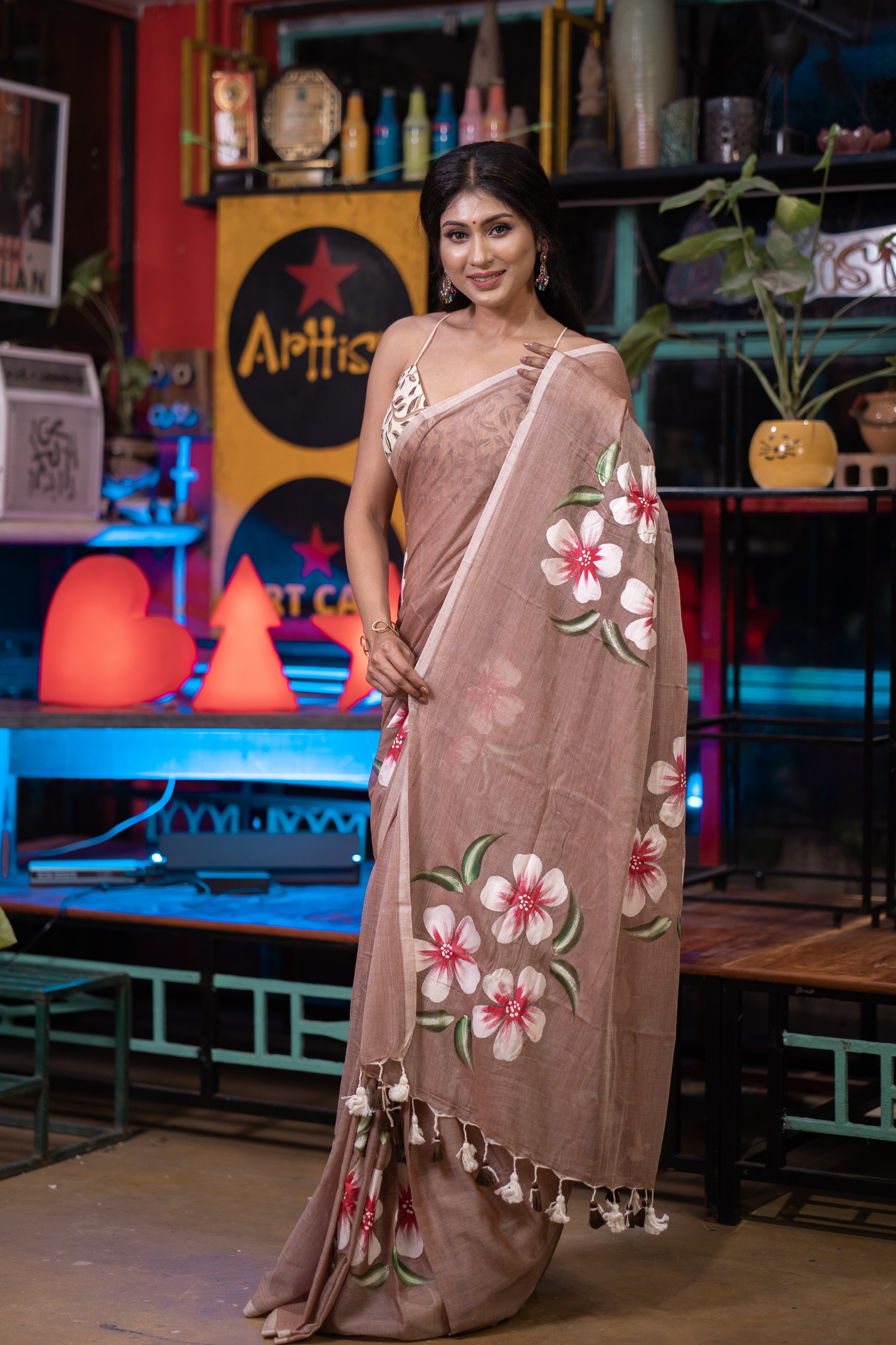 Mocha Flower Hand-Printed Mulmul Cotton Saree