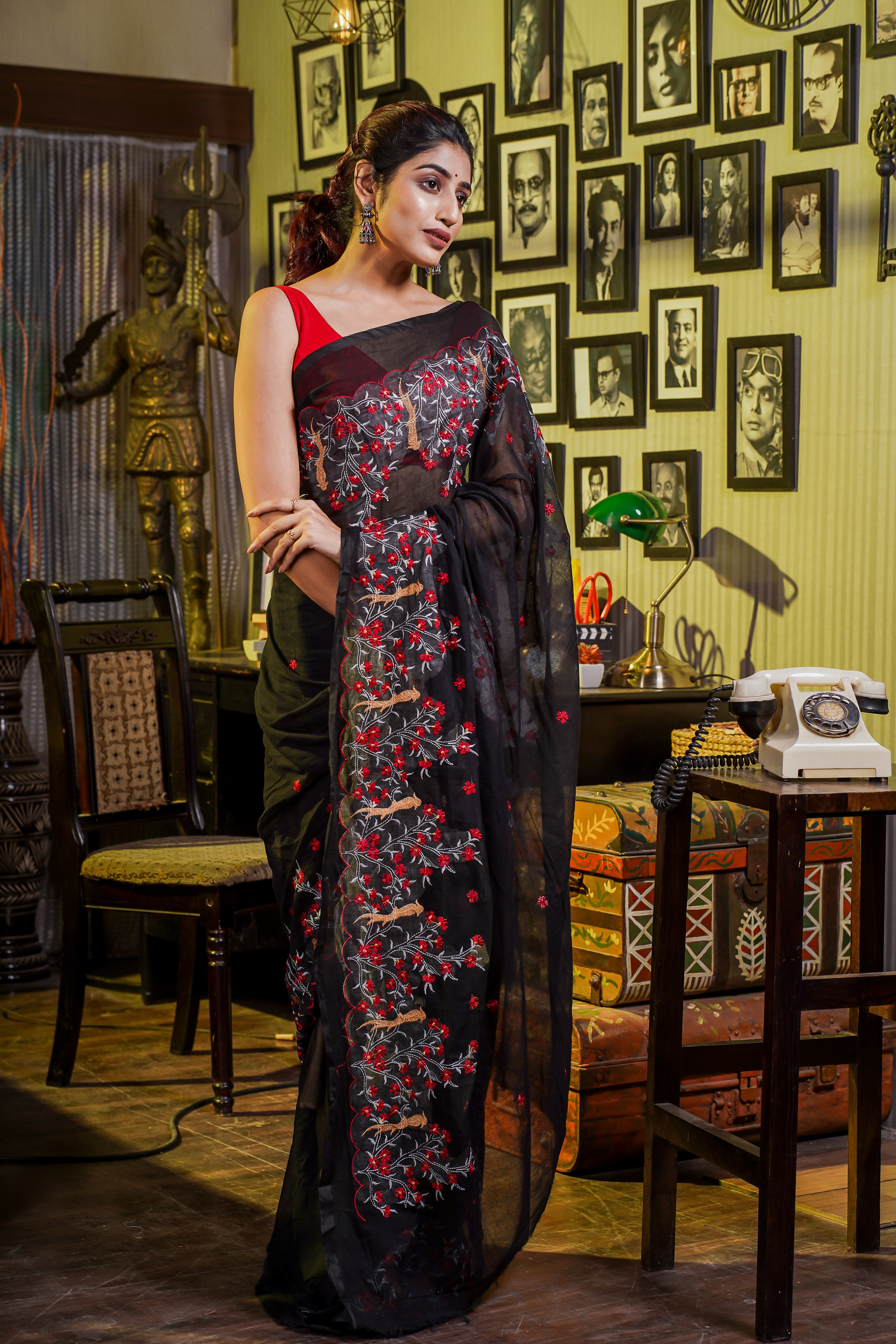 Roshni Raga Mul Mul Cotton Embroidery Saree- Black & Red