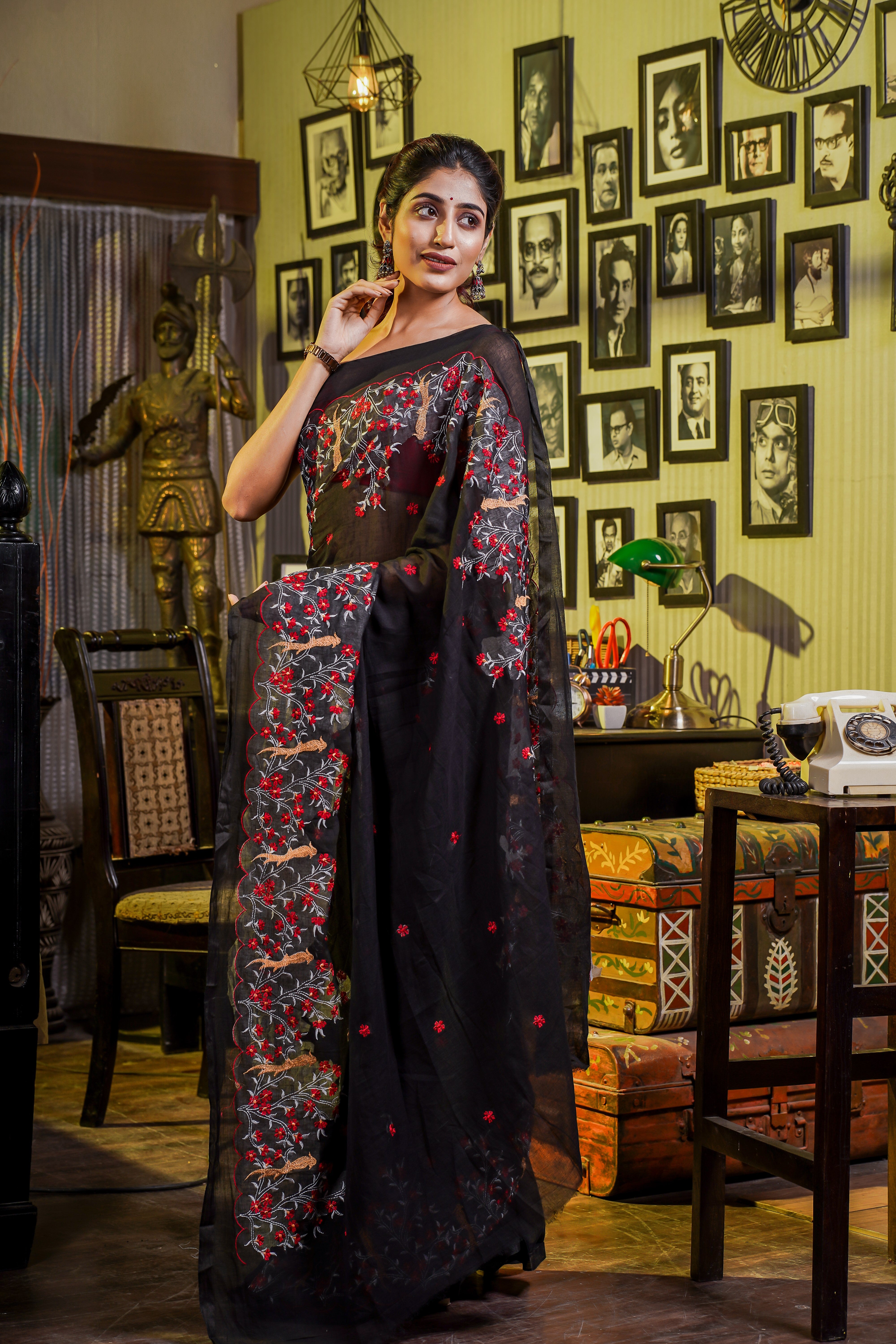 Roshni Raga Mul Mul Cotton Embroidery Saree- Black & Red