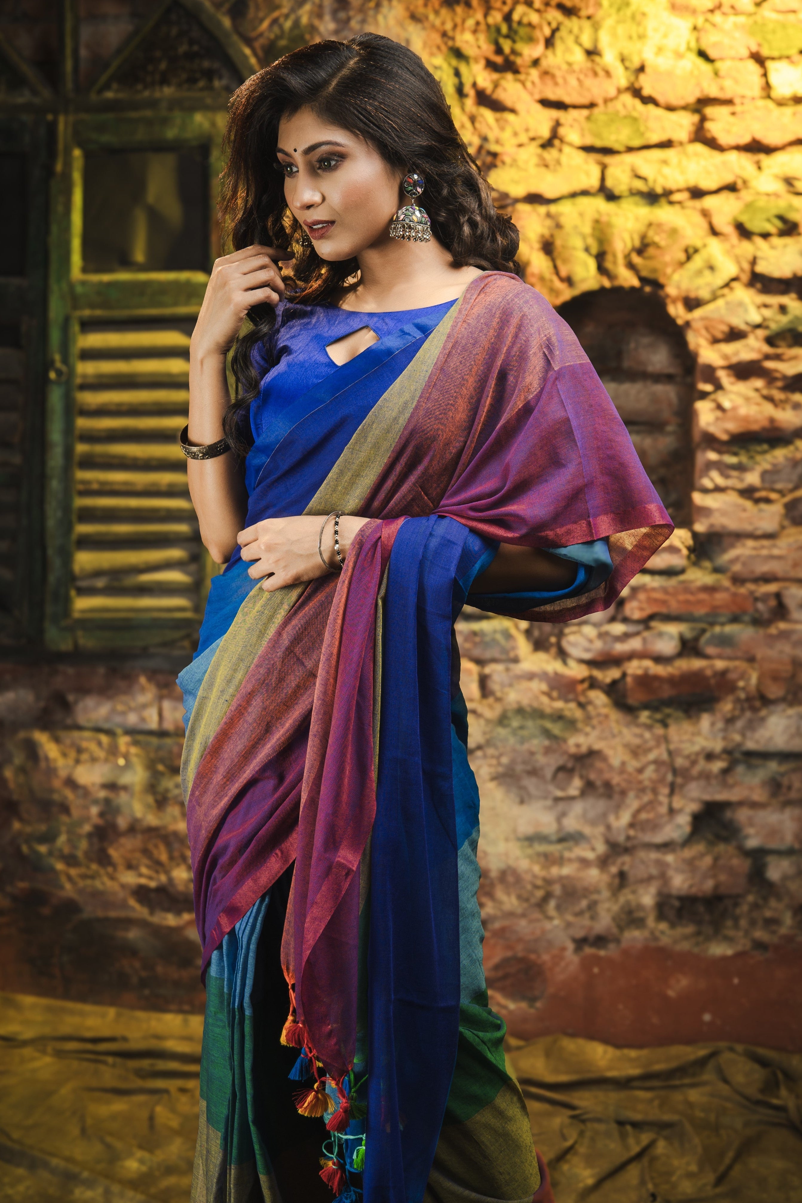 Multicolour Rainbow Mul Mul Cotton Saree