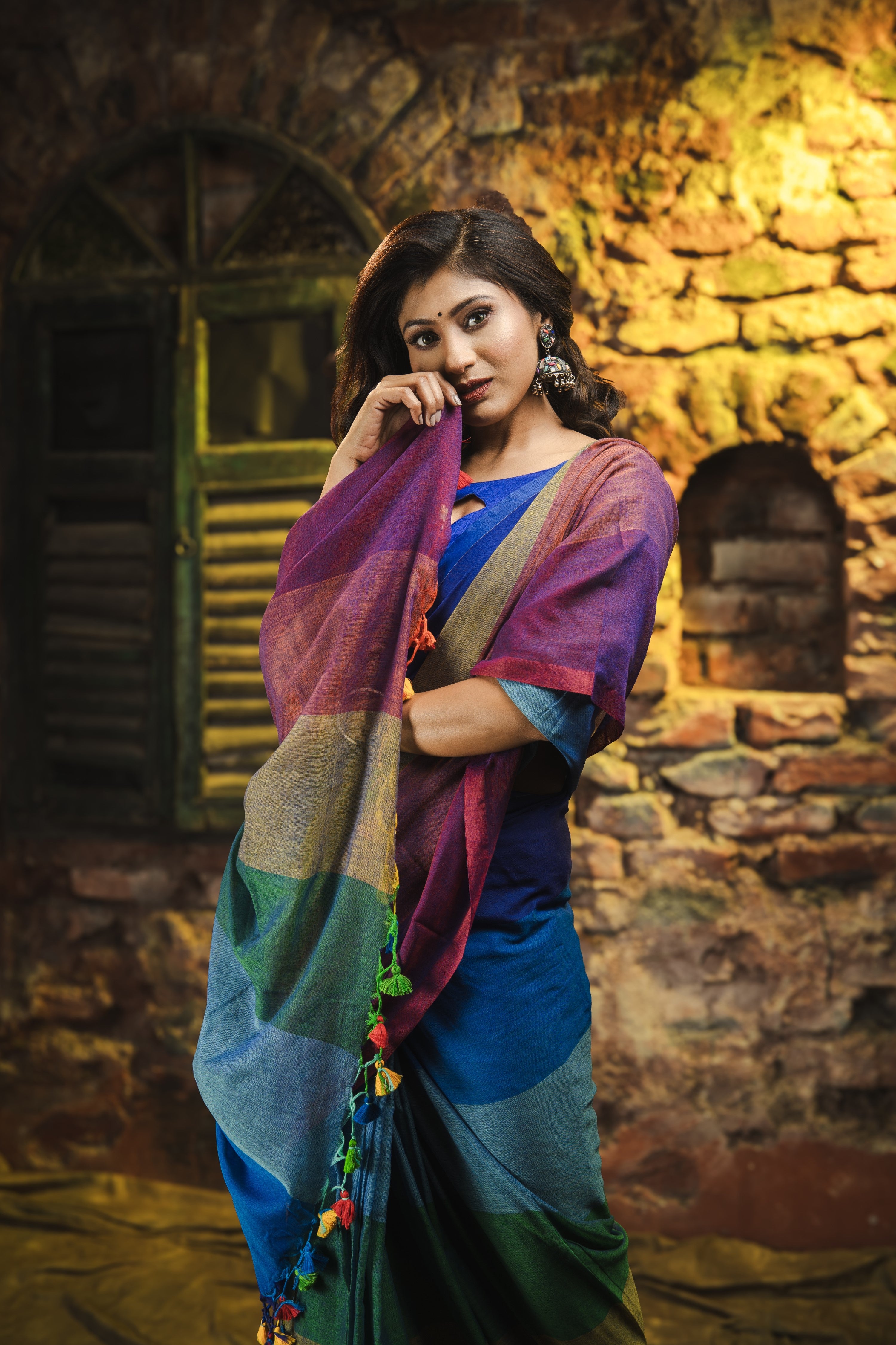 Multicolour Rainbow Mul Mul Cotton Saree- Green and Blue