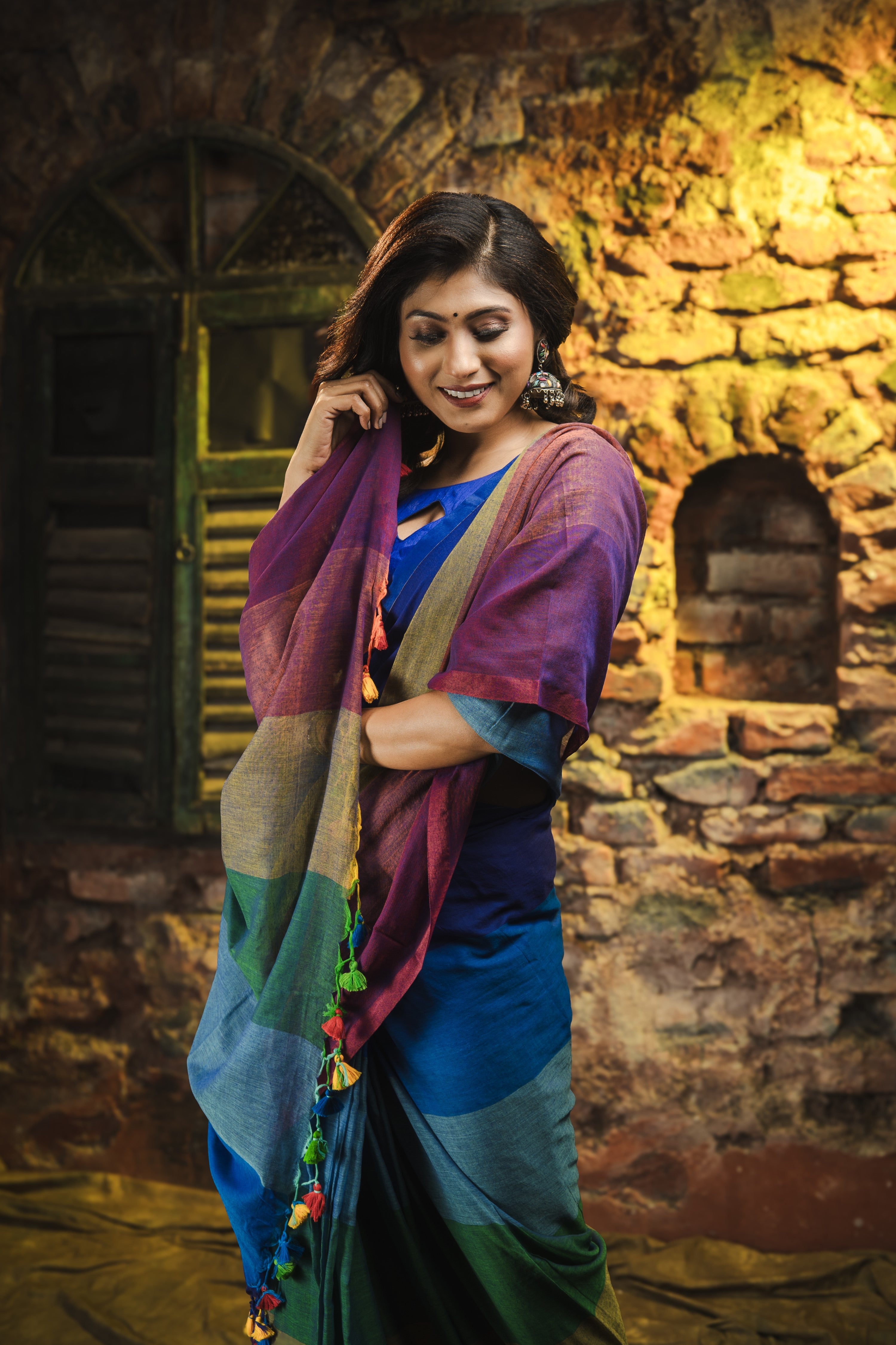 Multicolour Rainbow Mul Mul Cotton Saree- Green and Blue