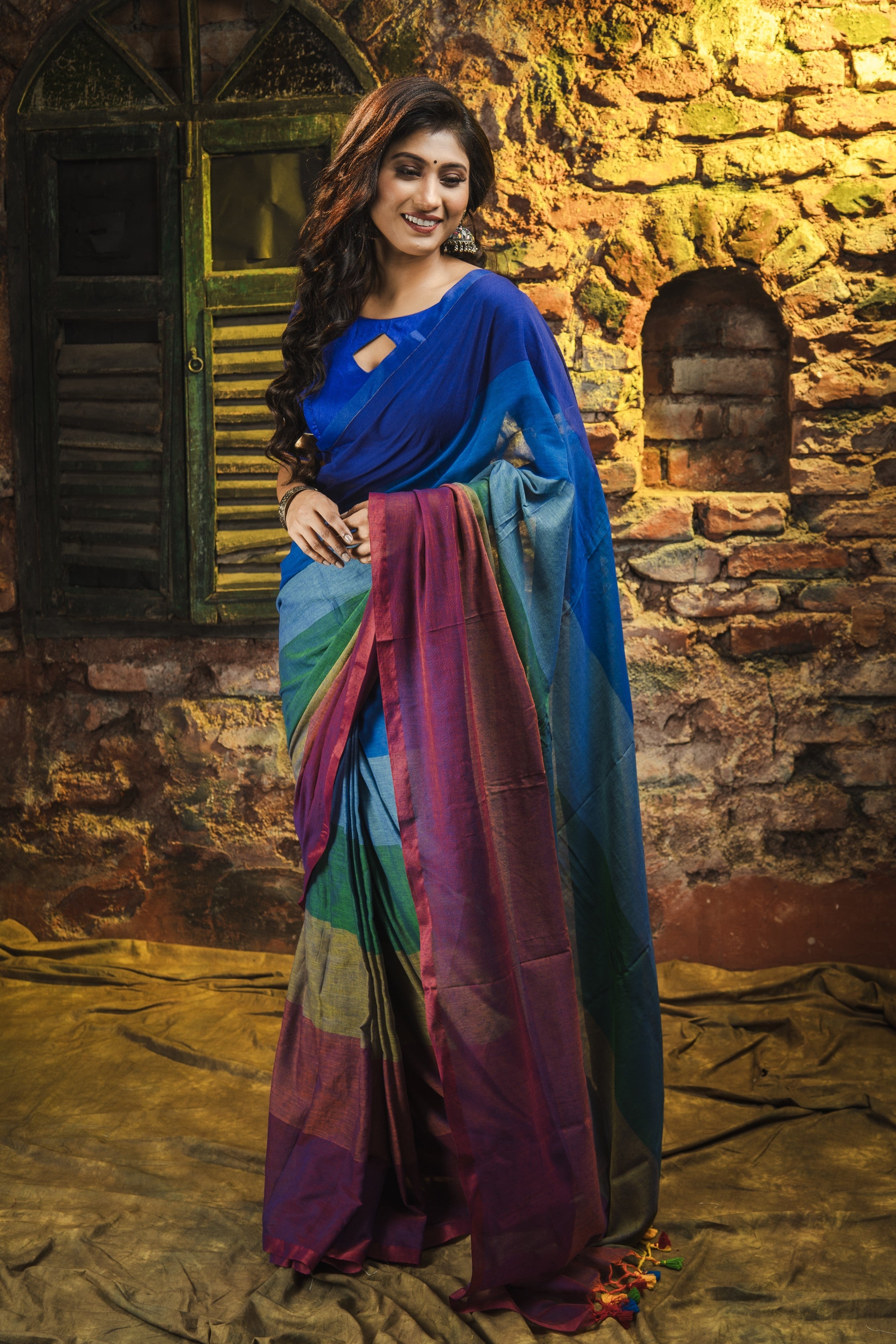 Multicolour Rainbow Mul Mul Cotton Saree