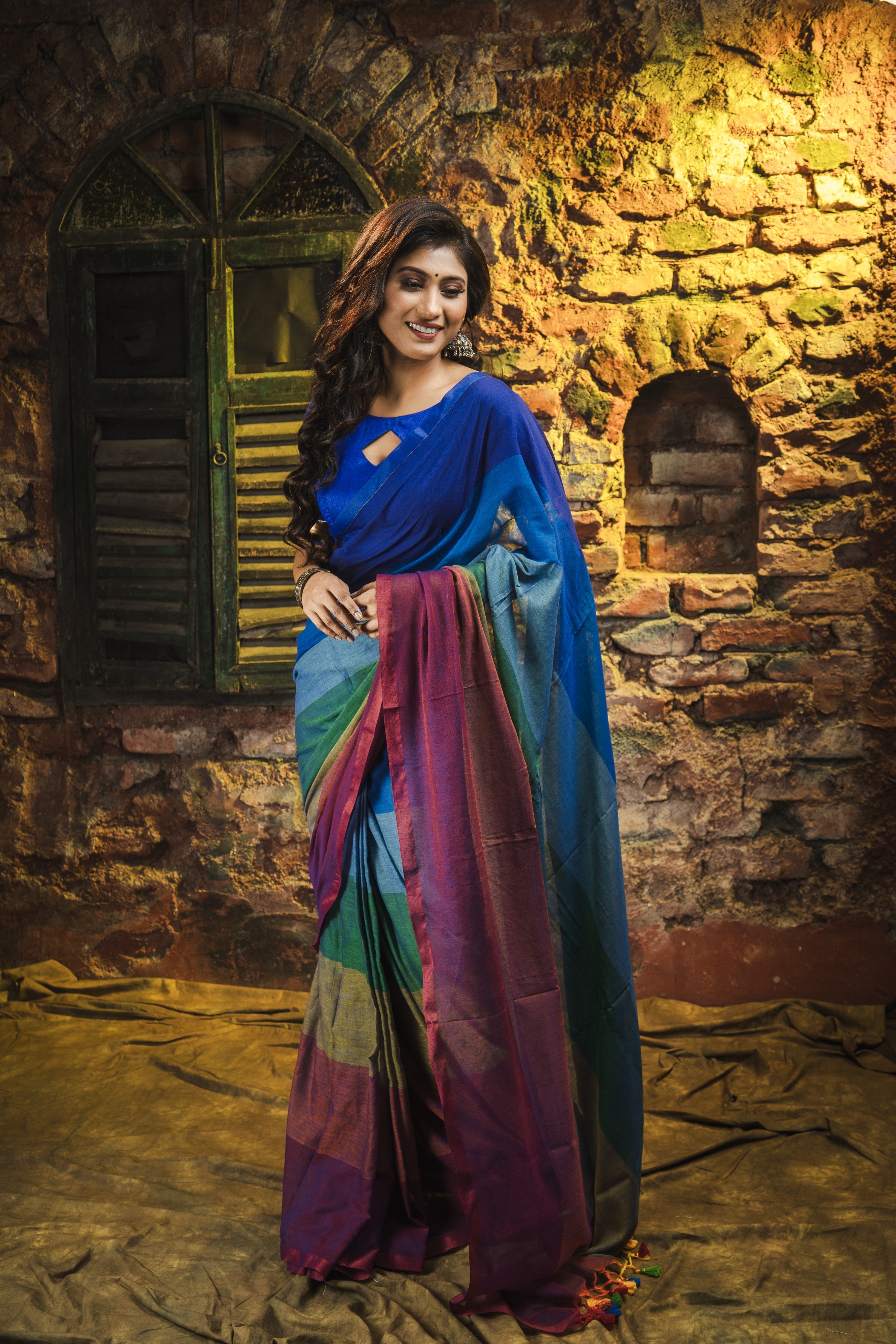 Multicolour Rainbow Mul Mul Cotton Saree- Green and Blue