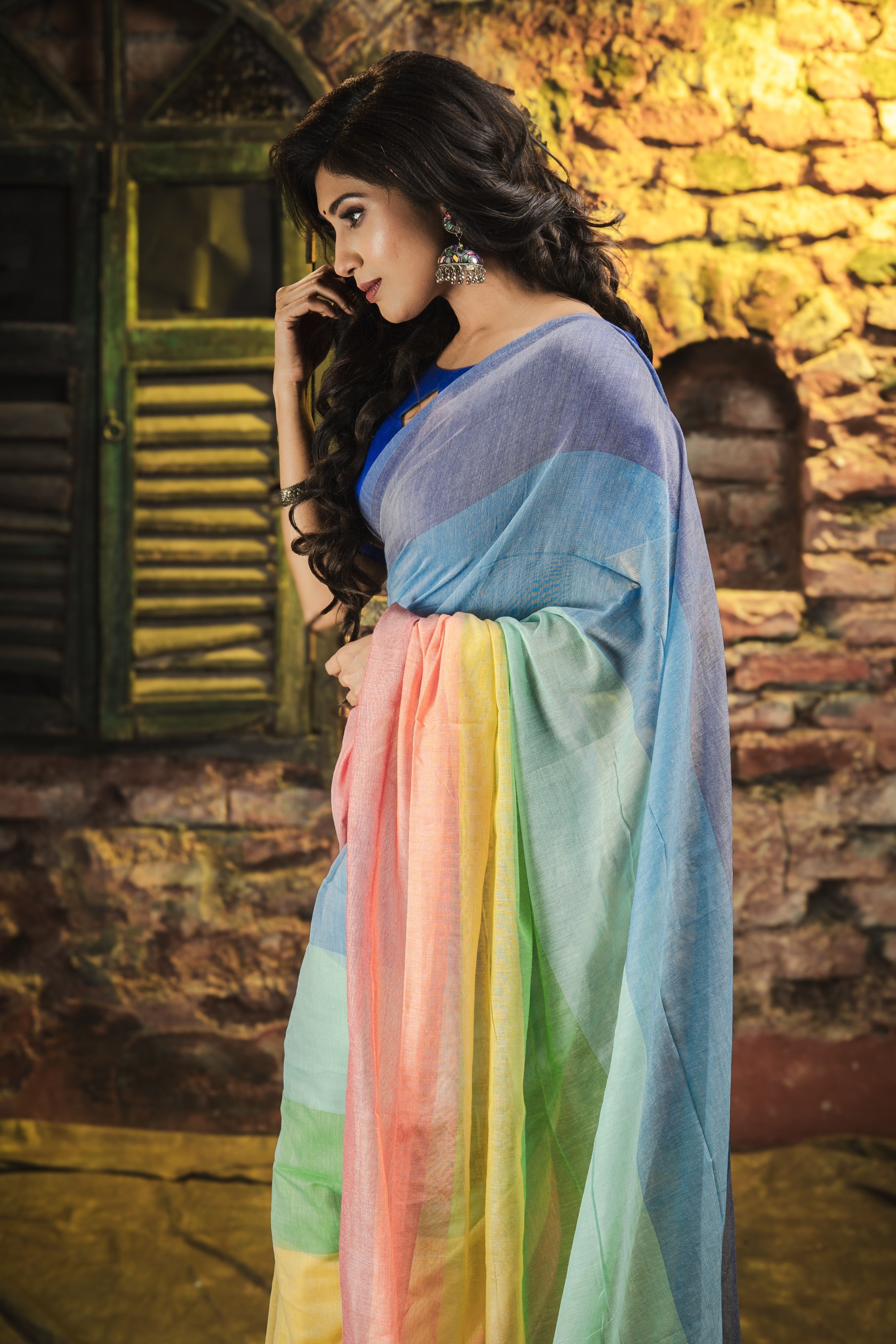 Multicolour Rainbow Mul Mul Cotton Saree