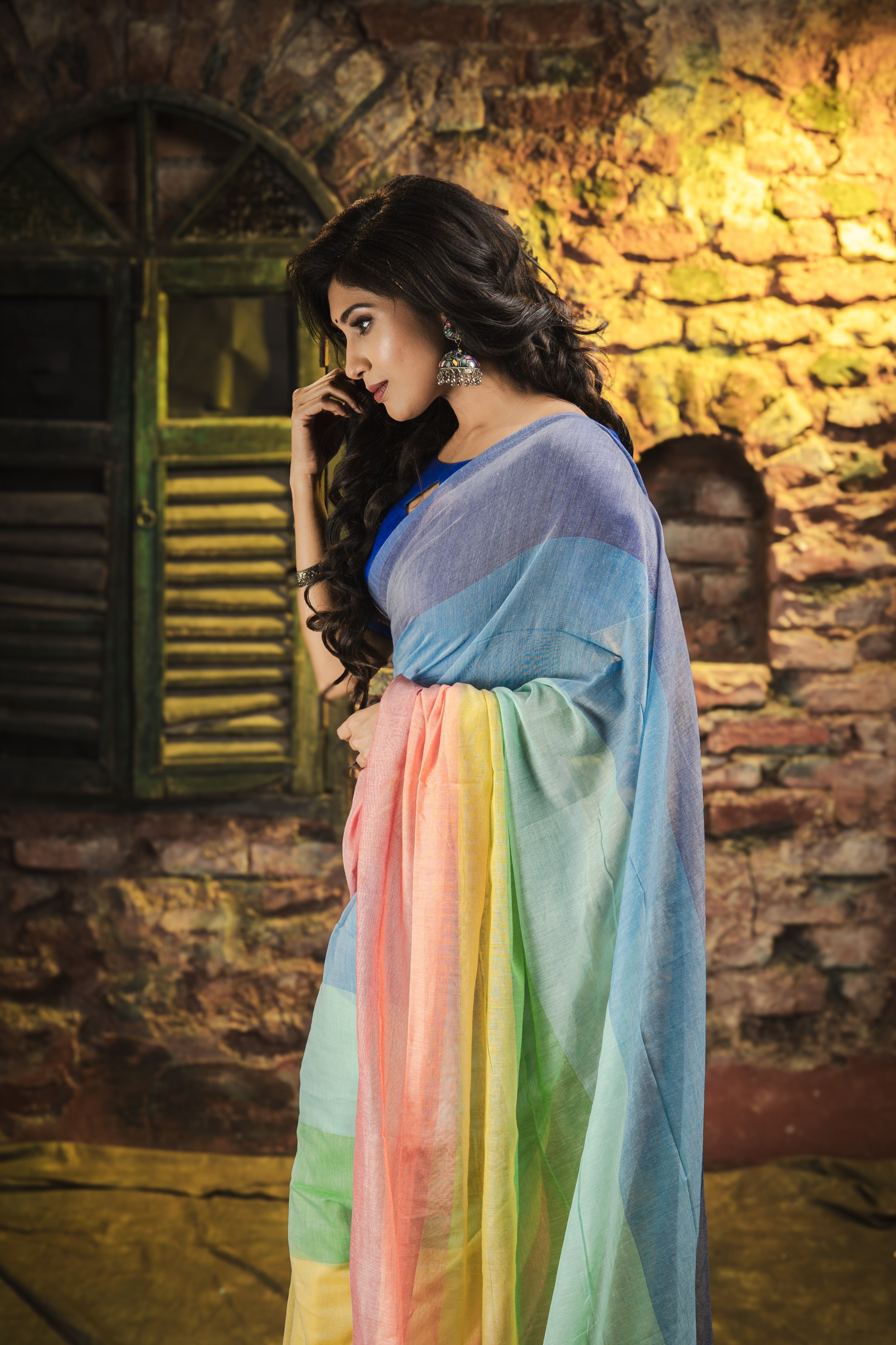 Multicolour Rainbow Mul Mul Cotton Saree- Orange and Blue