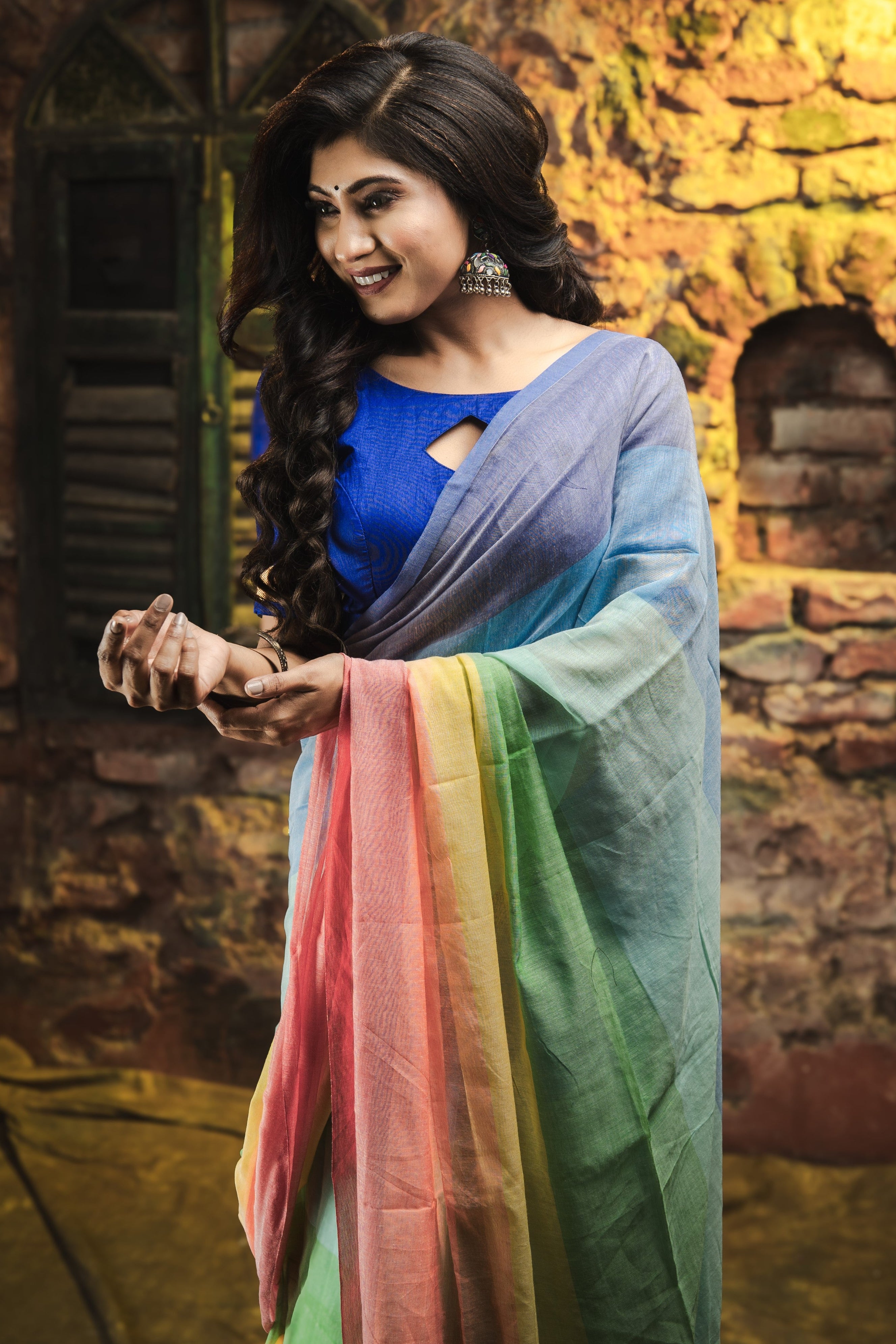 Multicolour Rainbow Mul Mul Cotton Saree