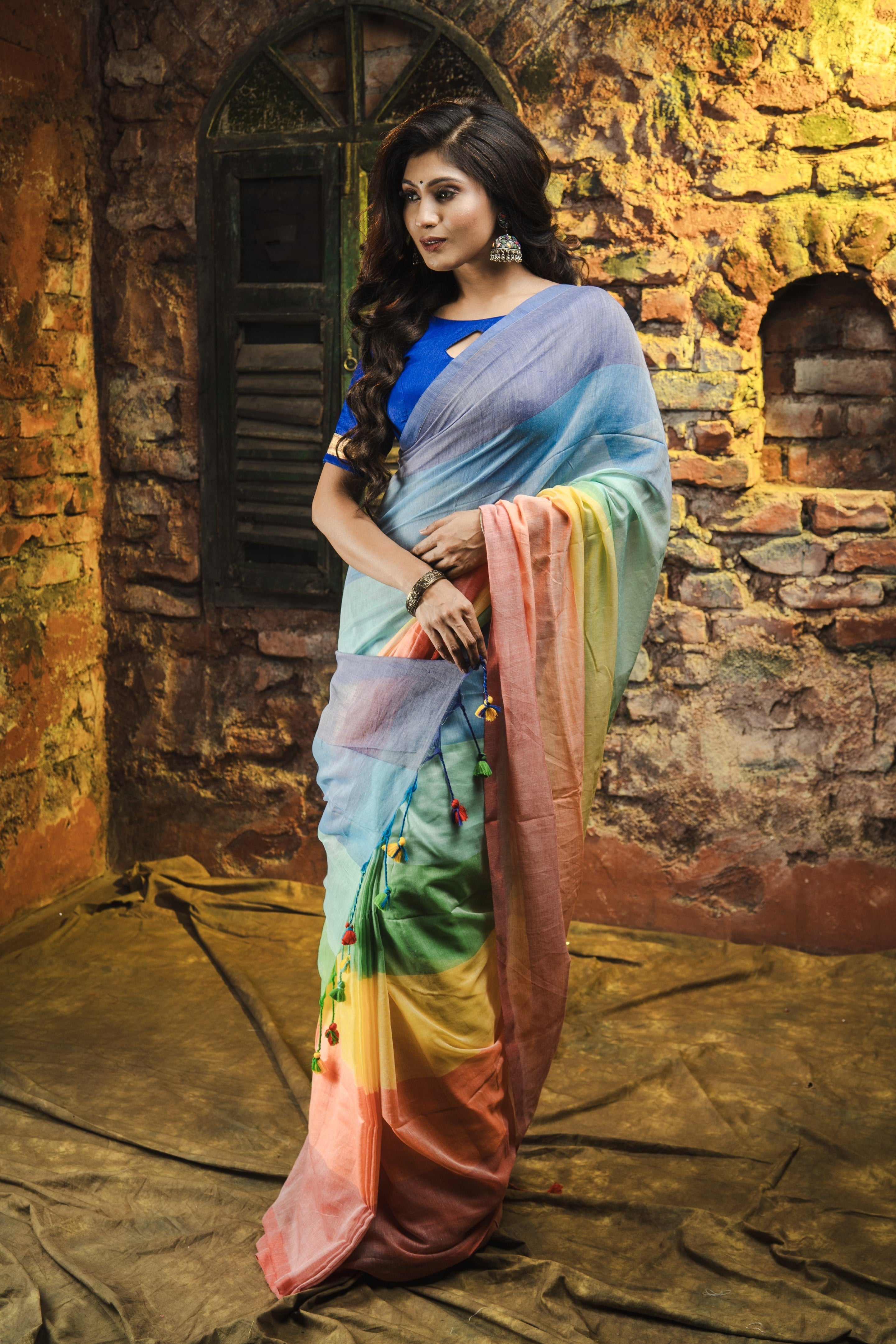 Multicolour Rainbow Mul Mul Cotton Saree