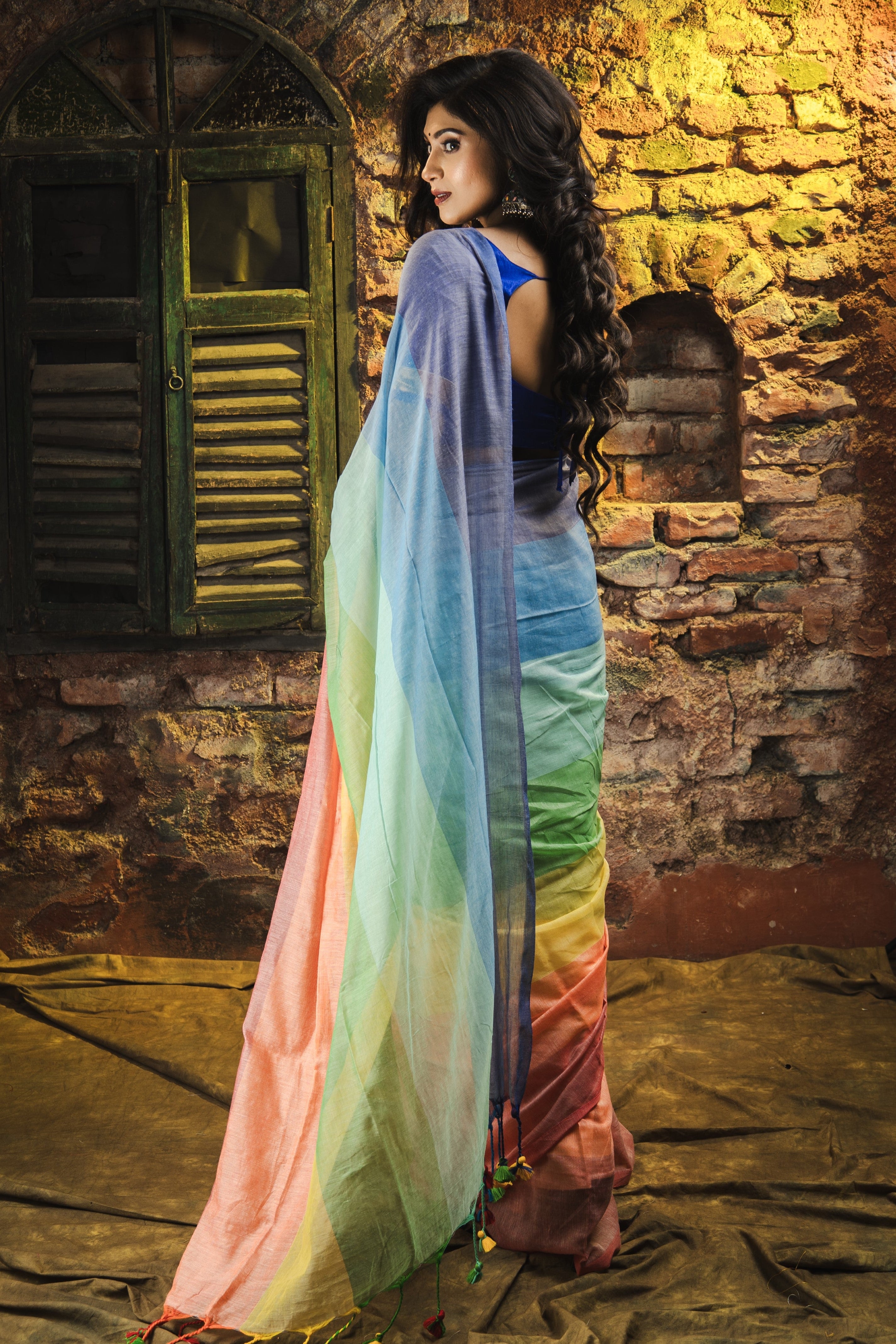 Multicolour Rainbow Mul Mul Cotton Saree