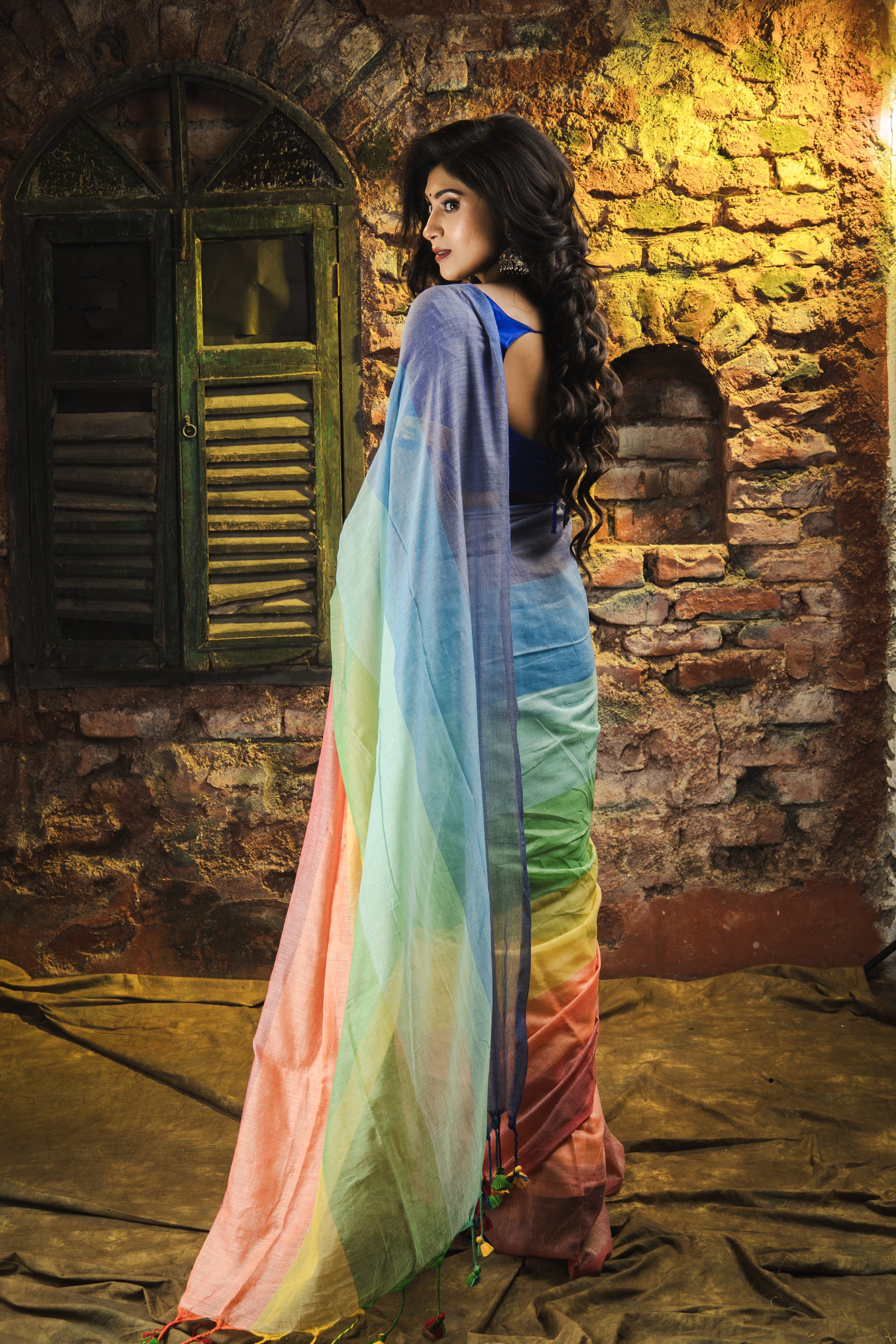 Multicolour Rainbow Mul Mul Cotton Saree- Orange and Blue