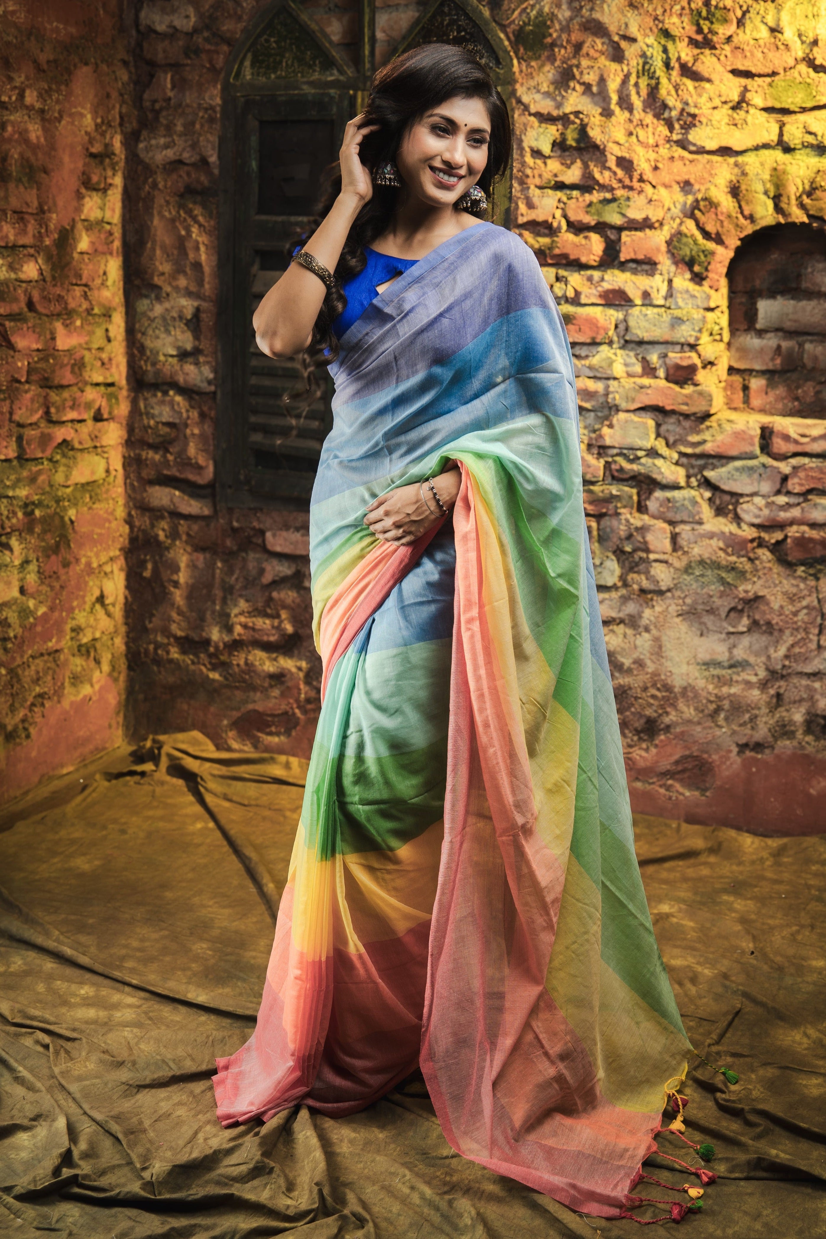 Multicolour Rainbow Mul Mul Cotton Saree