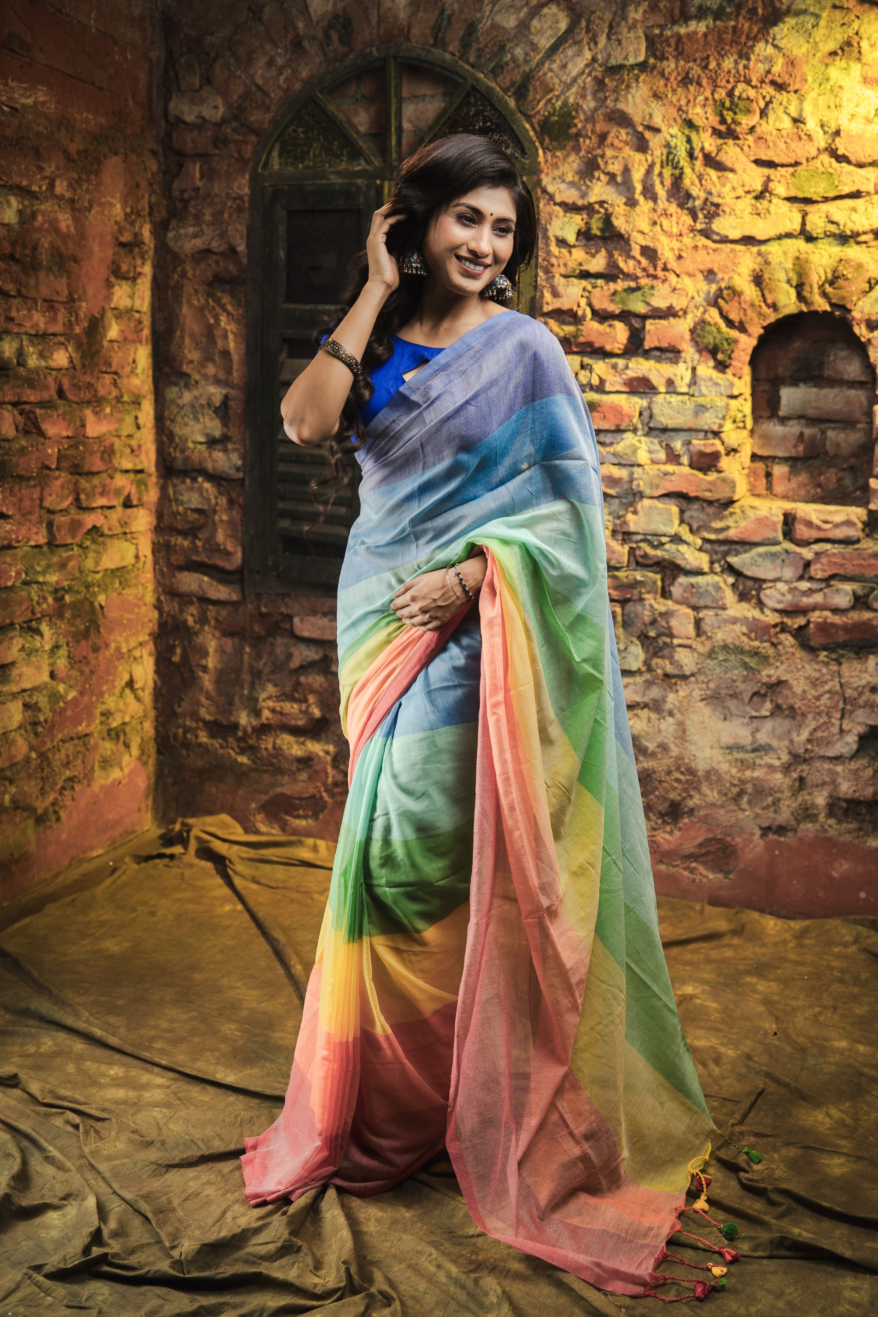 Multicolour Rainbow Mul Mul Cotton Saree- Orange and Blue