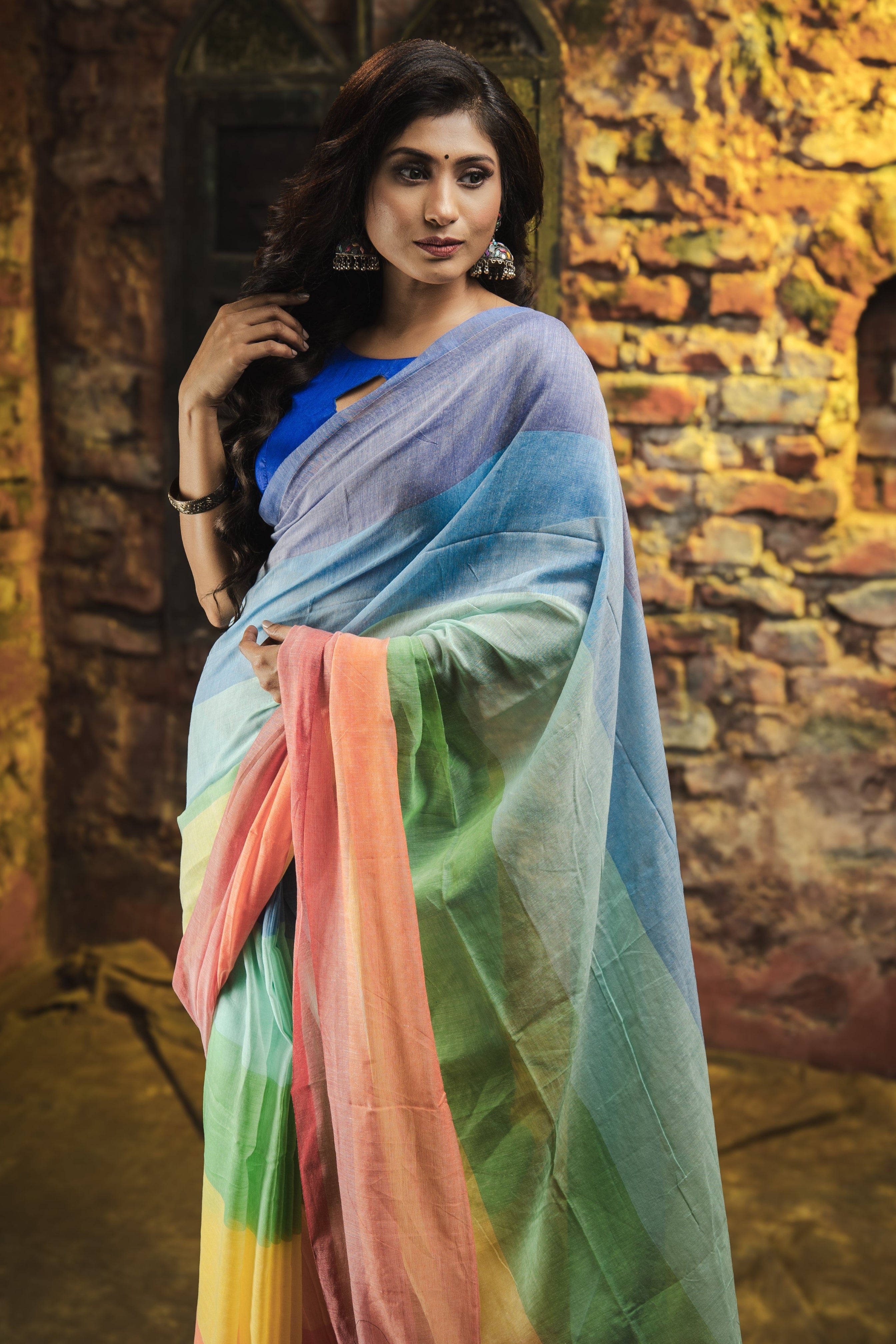 Multicolour Rainbow Mul Mul Cotton Saree