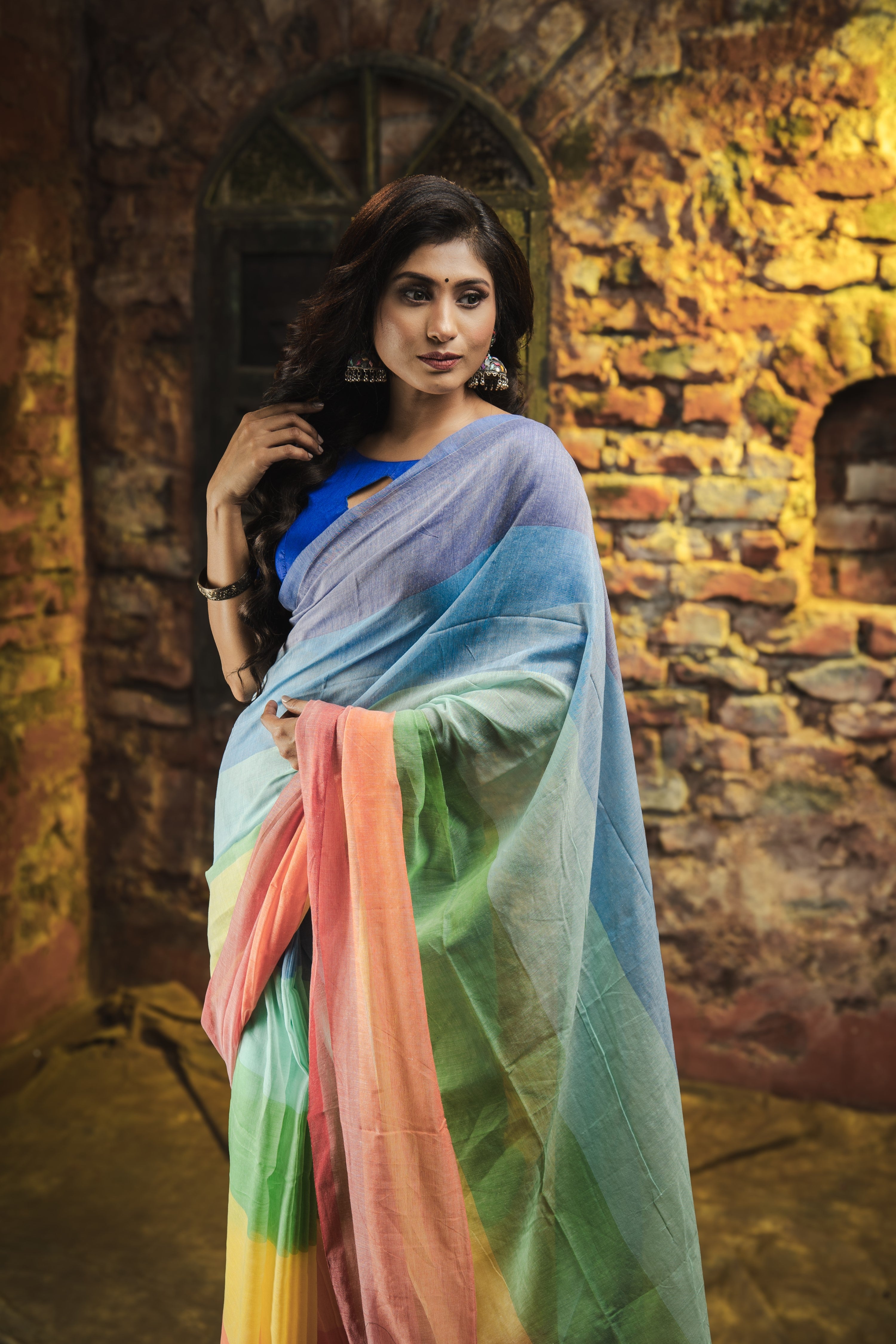 Multicolour Rainbow Mul Mul Cotton Saree- Orange and Blue