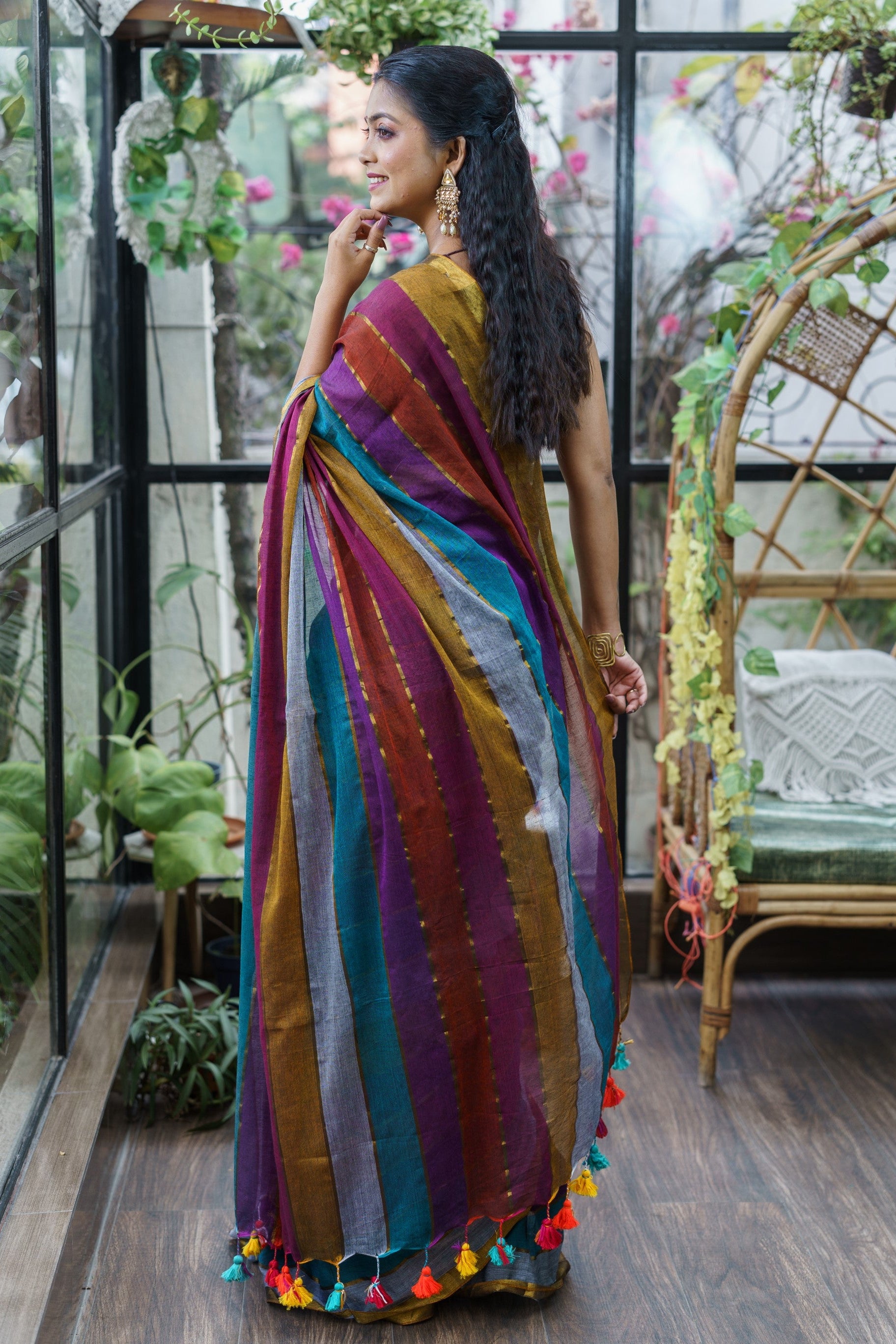 Multicolour Rainbow Mul Mul Cotton Saree with  Blouse pieces