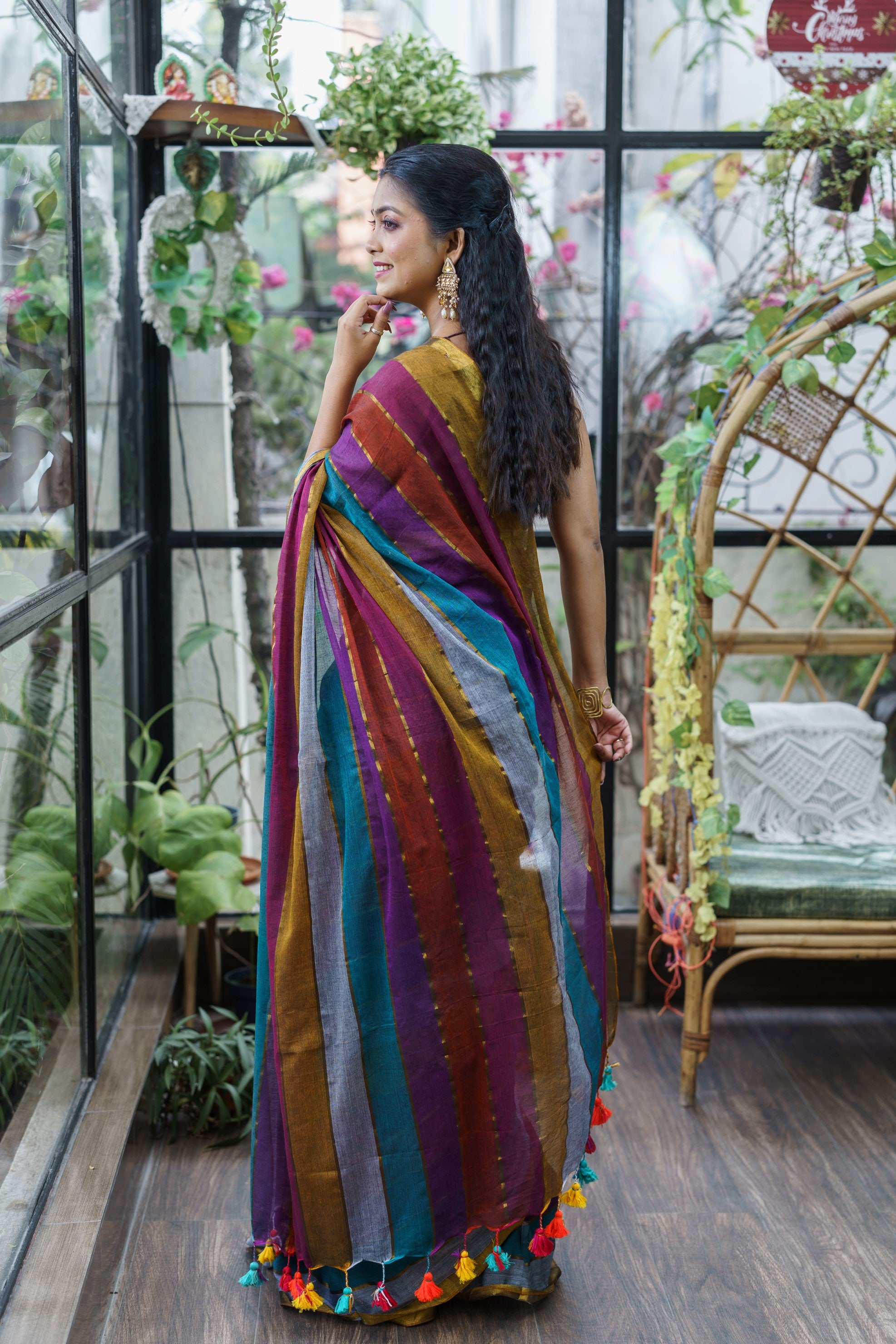 Multicolour Rainbow Mul Mul Cotton Saree with Blouse